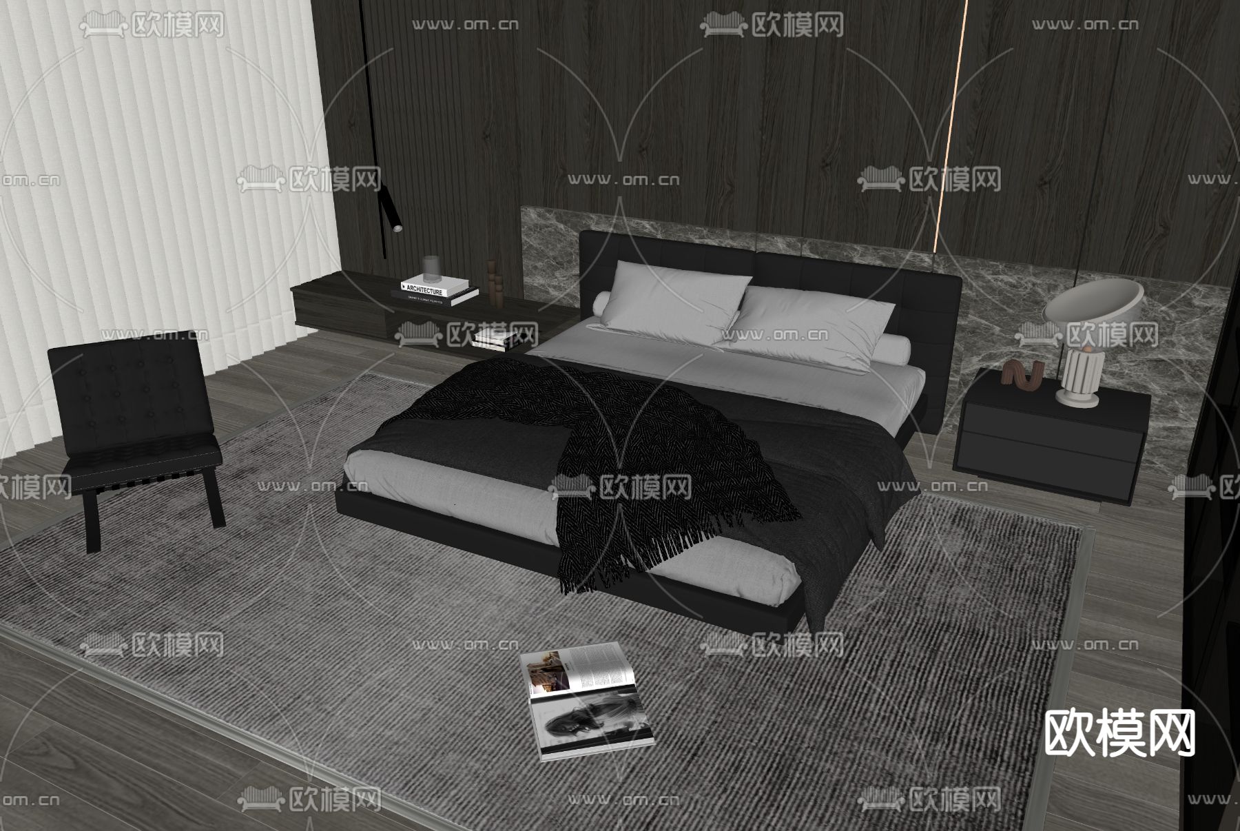 现代双人床su模型下载（渲染图2）