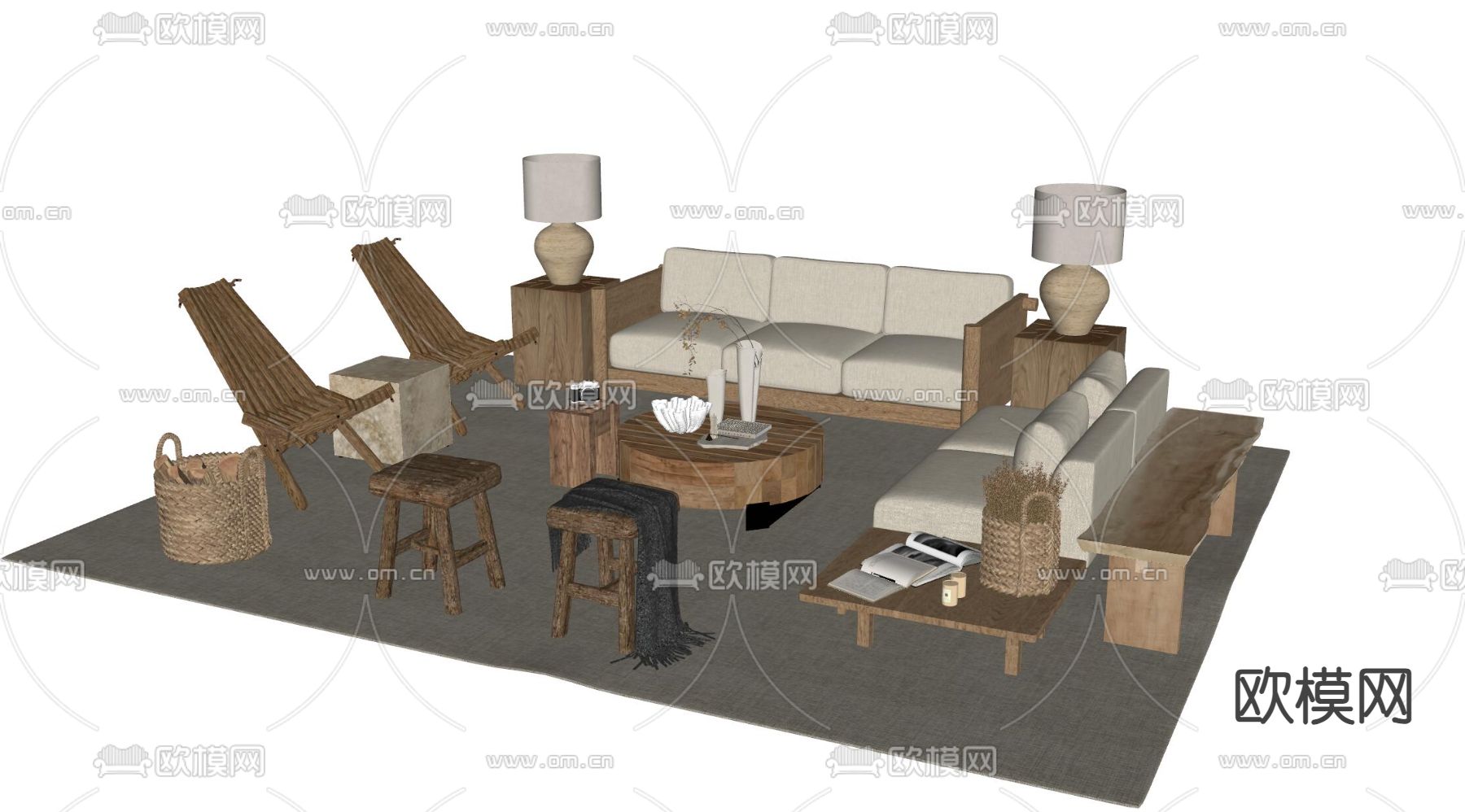 侘寂风组合沙发su模型下载（渲染图2）
