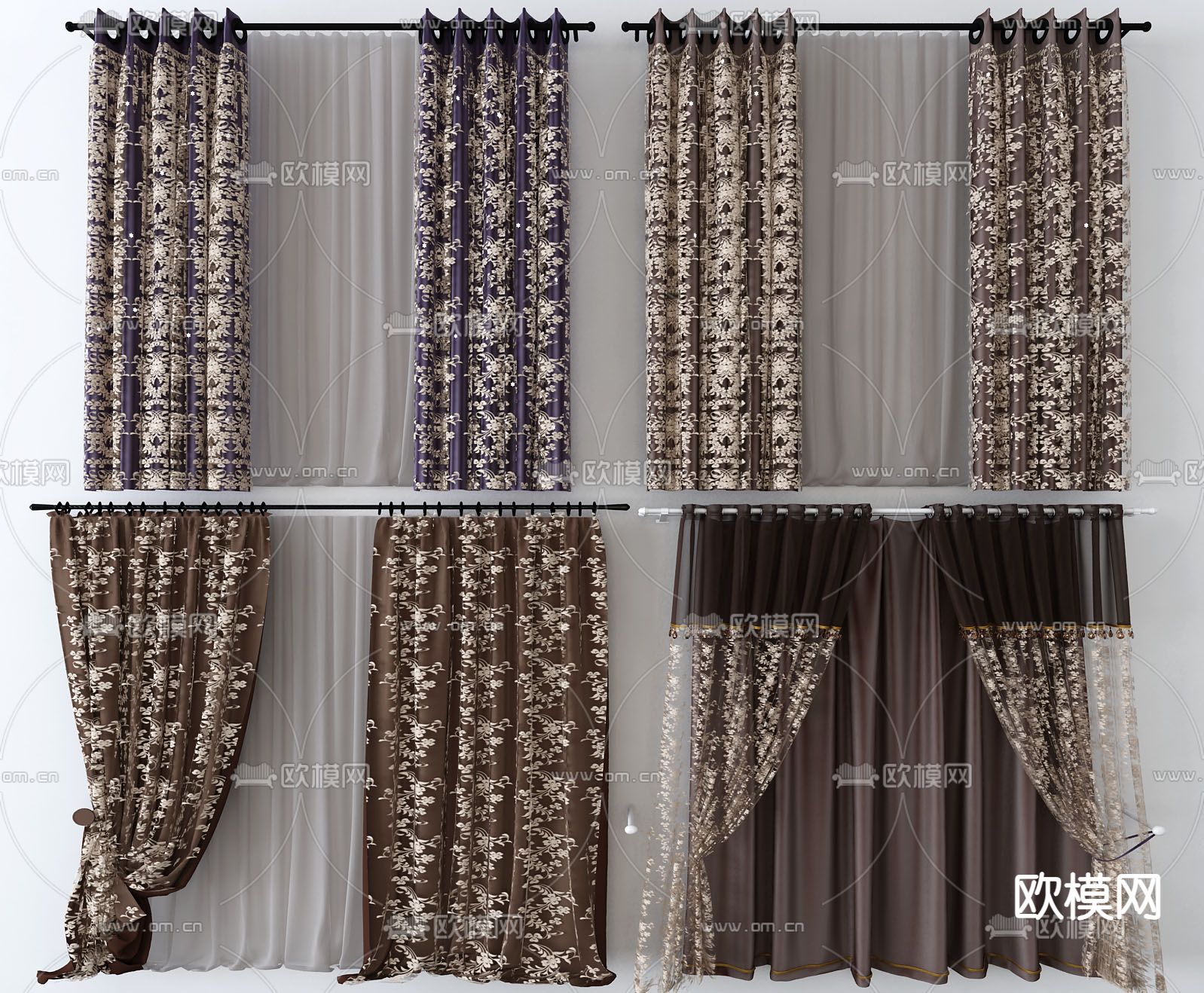 欧式窗帘 窗纱 窗帘杆3d模型下载