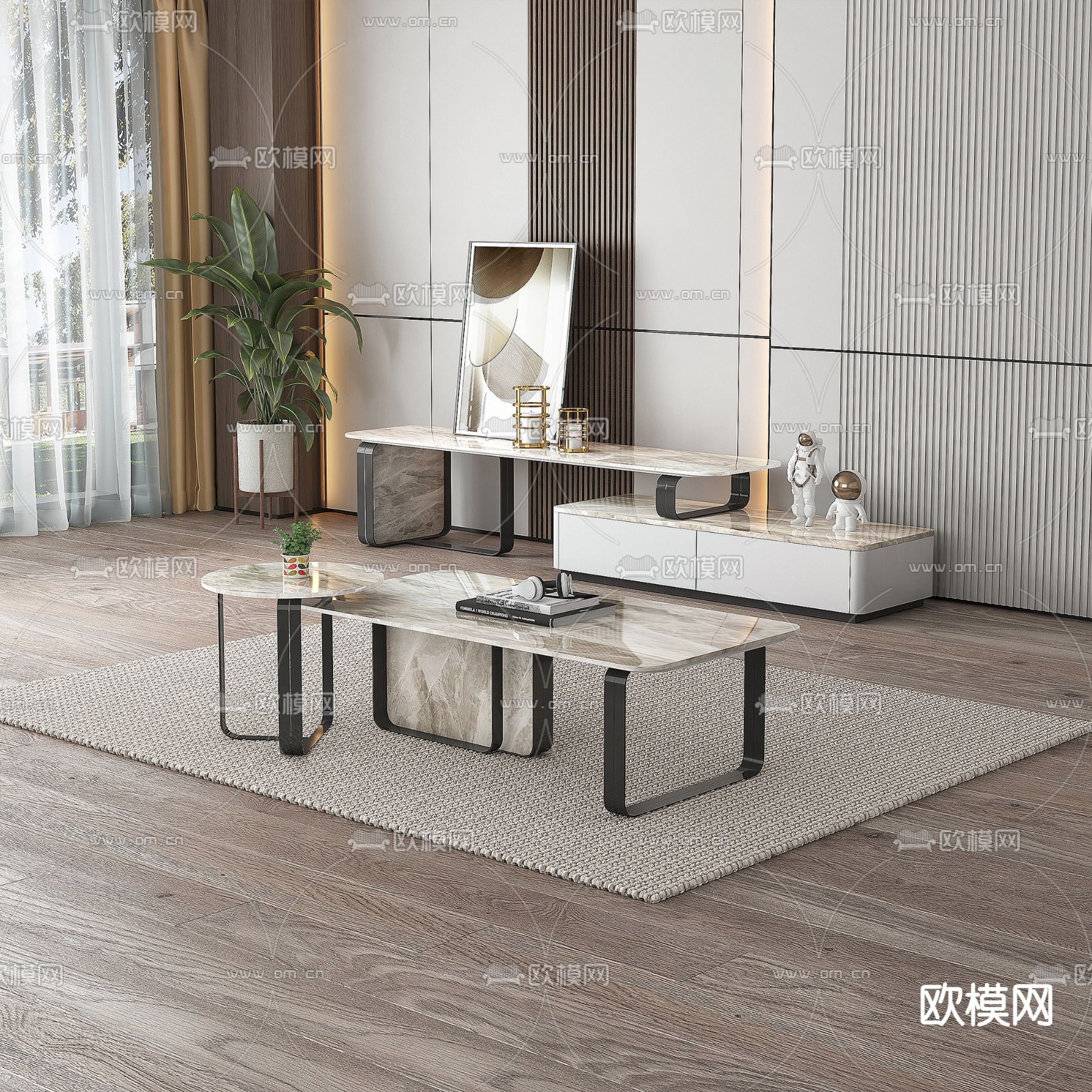 大理石茶几 电视柜3d模型下载（渲染图2）