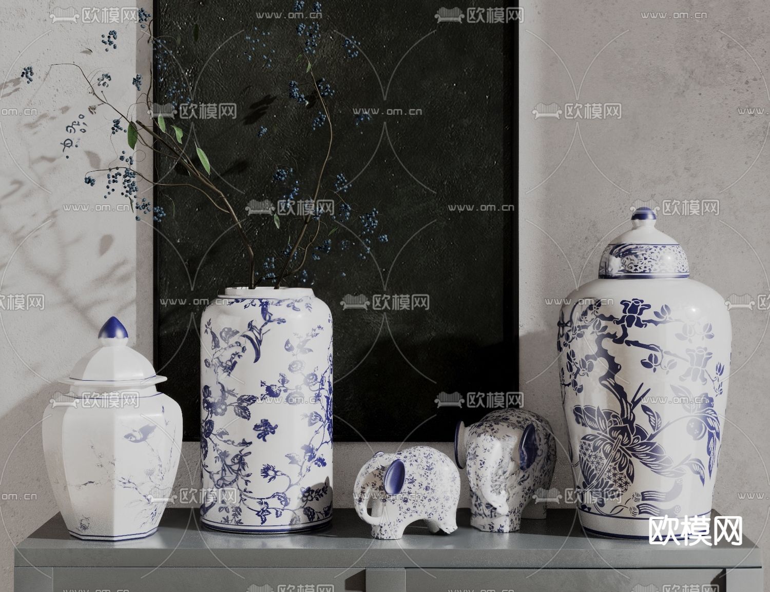 新中式青花瓷 陶瓷器皿su模型下载（渲染图2）