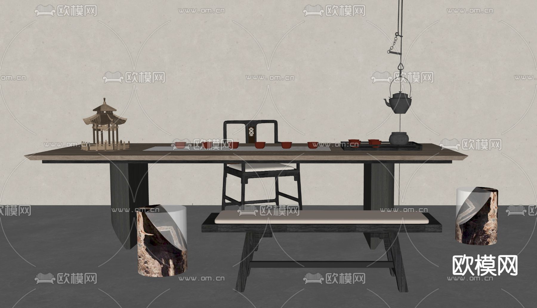 新中式茶桌椅su模型下载（渲染图2）