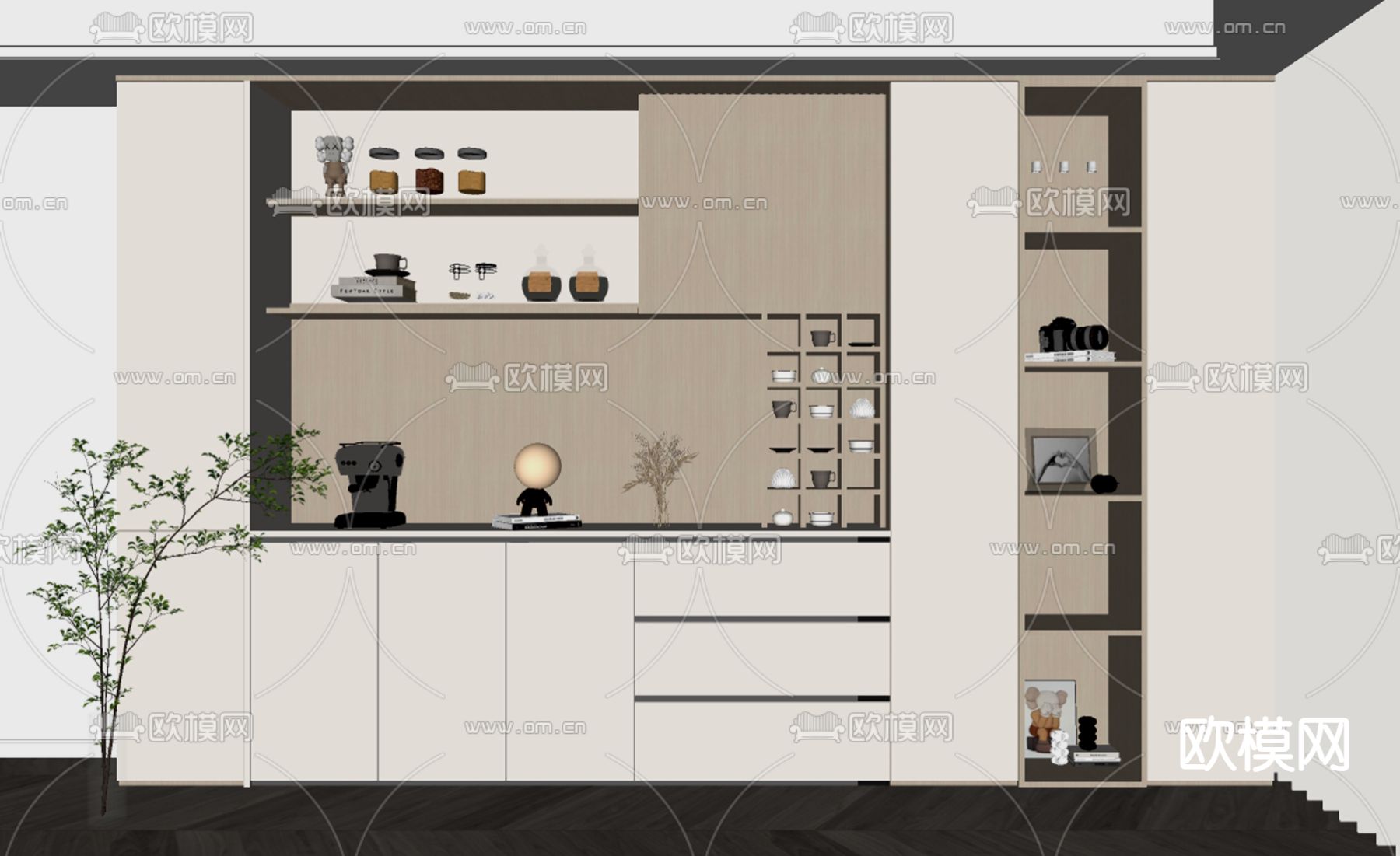 奶油风酒柜su模型下载（渲染图2）