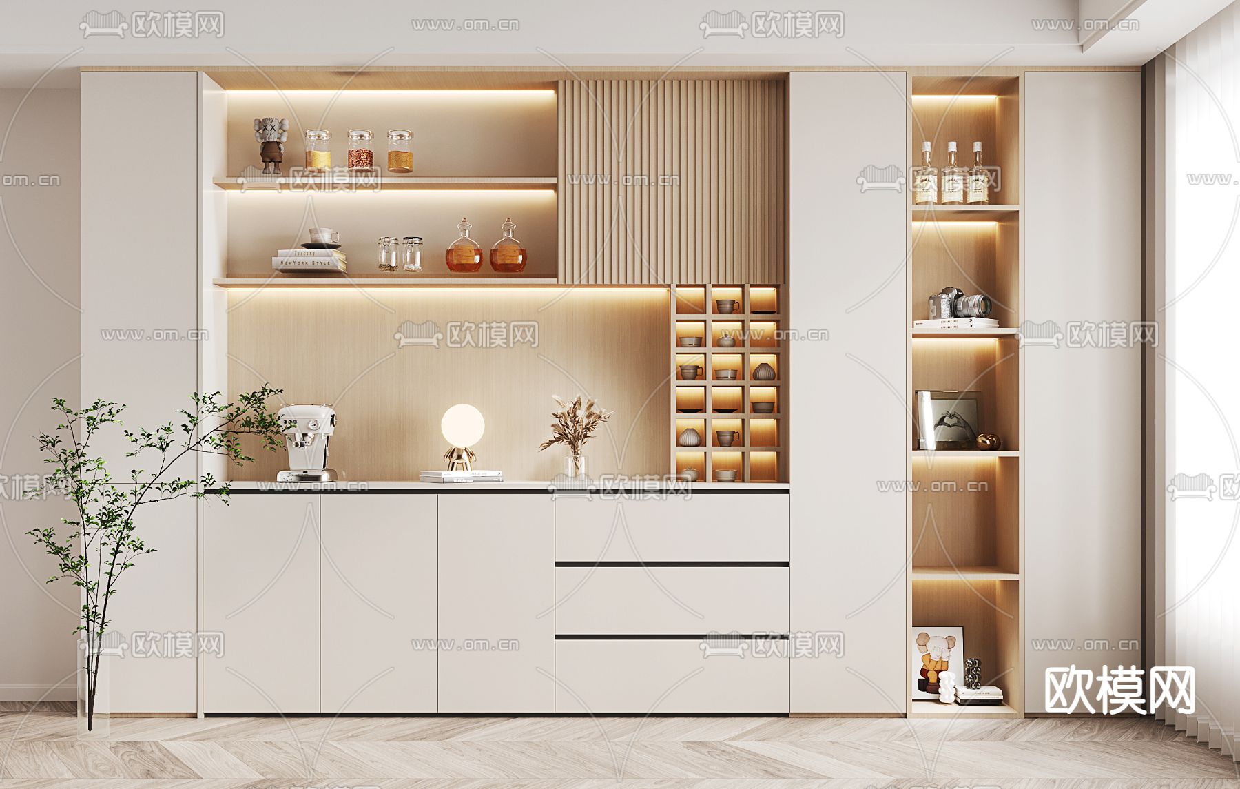 奶油风酒柜su模型下载（渲染图1）