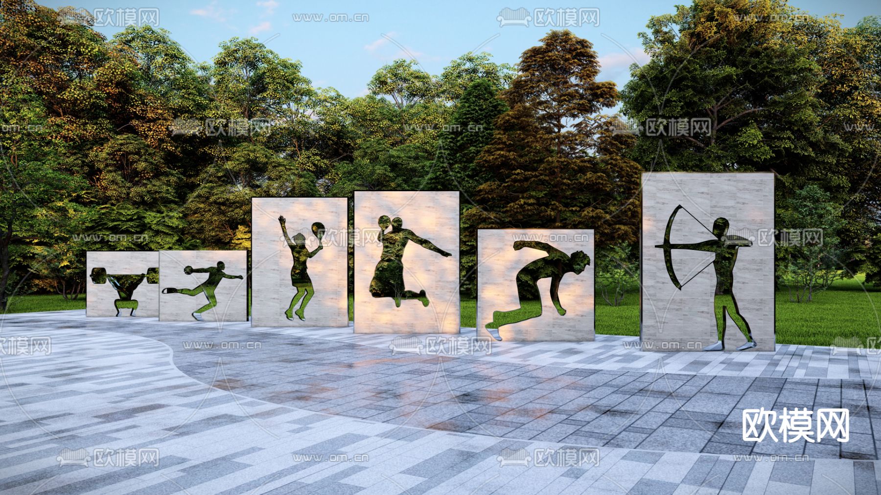 运动人物景墙 雕塑小品su模型下载（渲染图1）