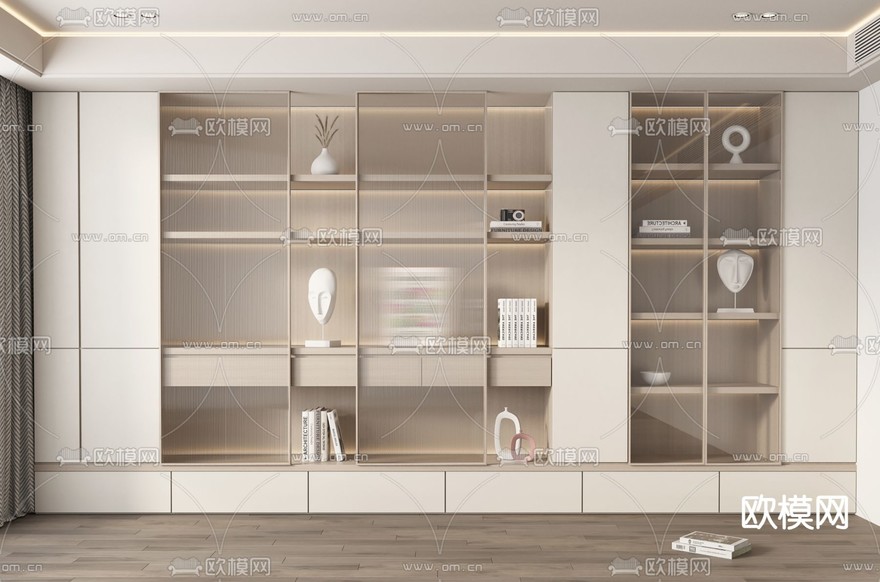 奶油风书柜 陈列柜3d模型下载