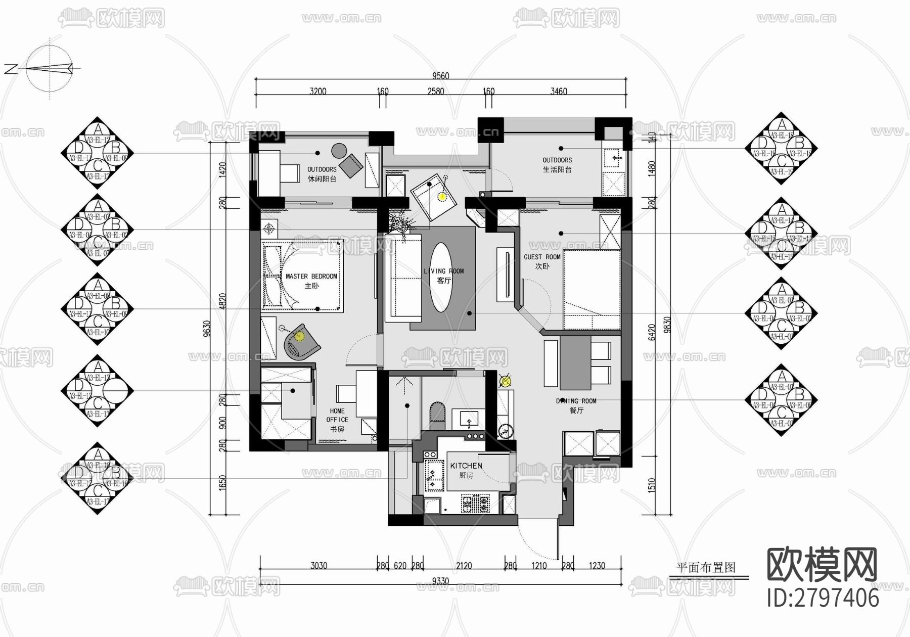90㎡家装两居室平层室内cad施工图下载（渲染图2）