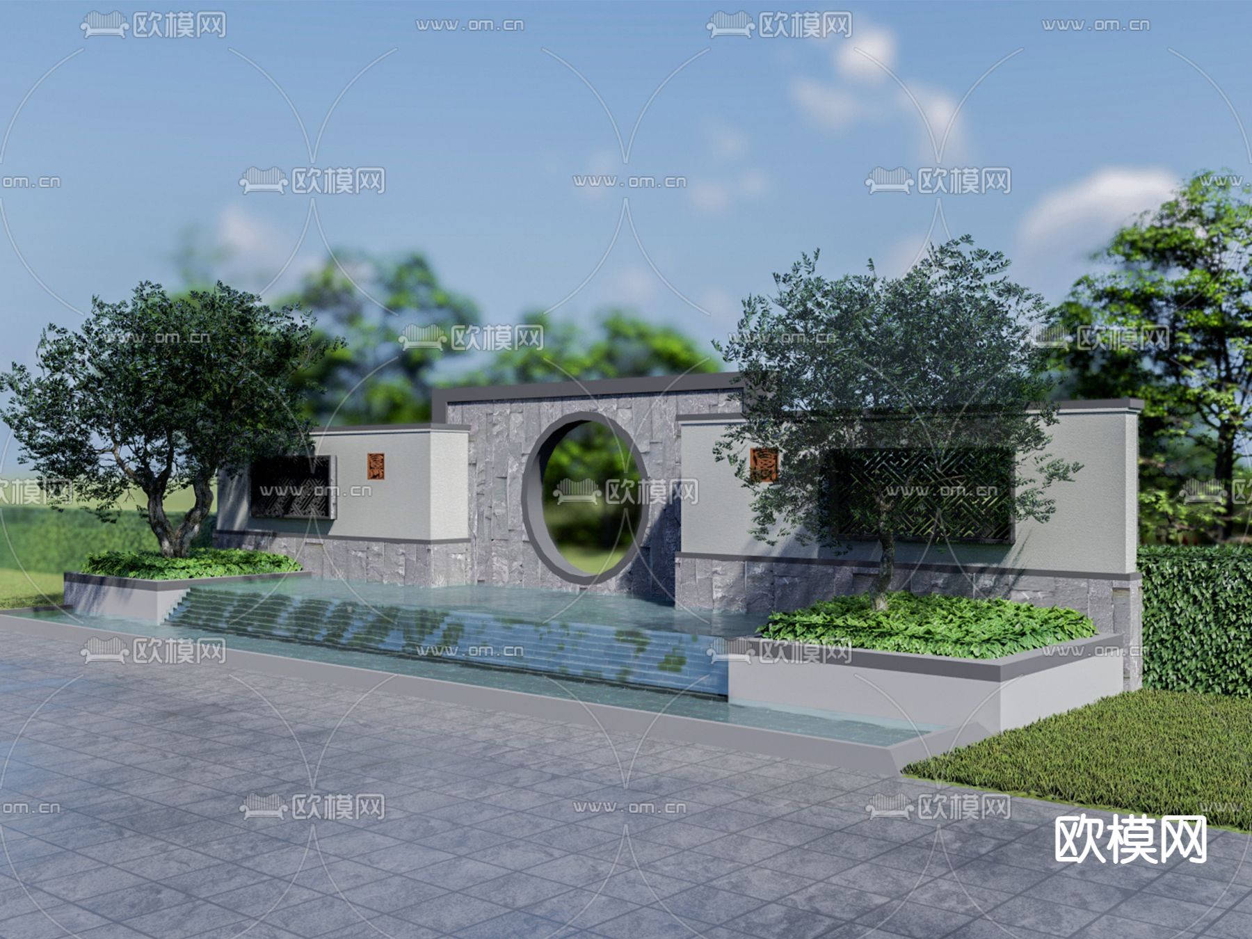 新中式叠墅水景su模型下载（渲染图1）