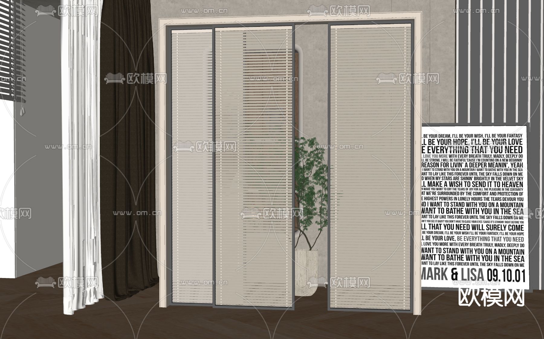 简欧推拉门su模型下载（渲染图2）