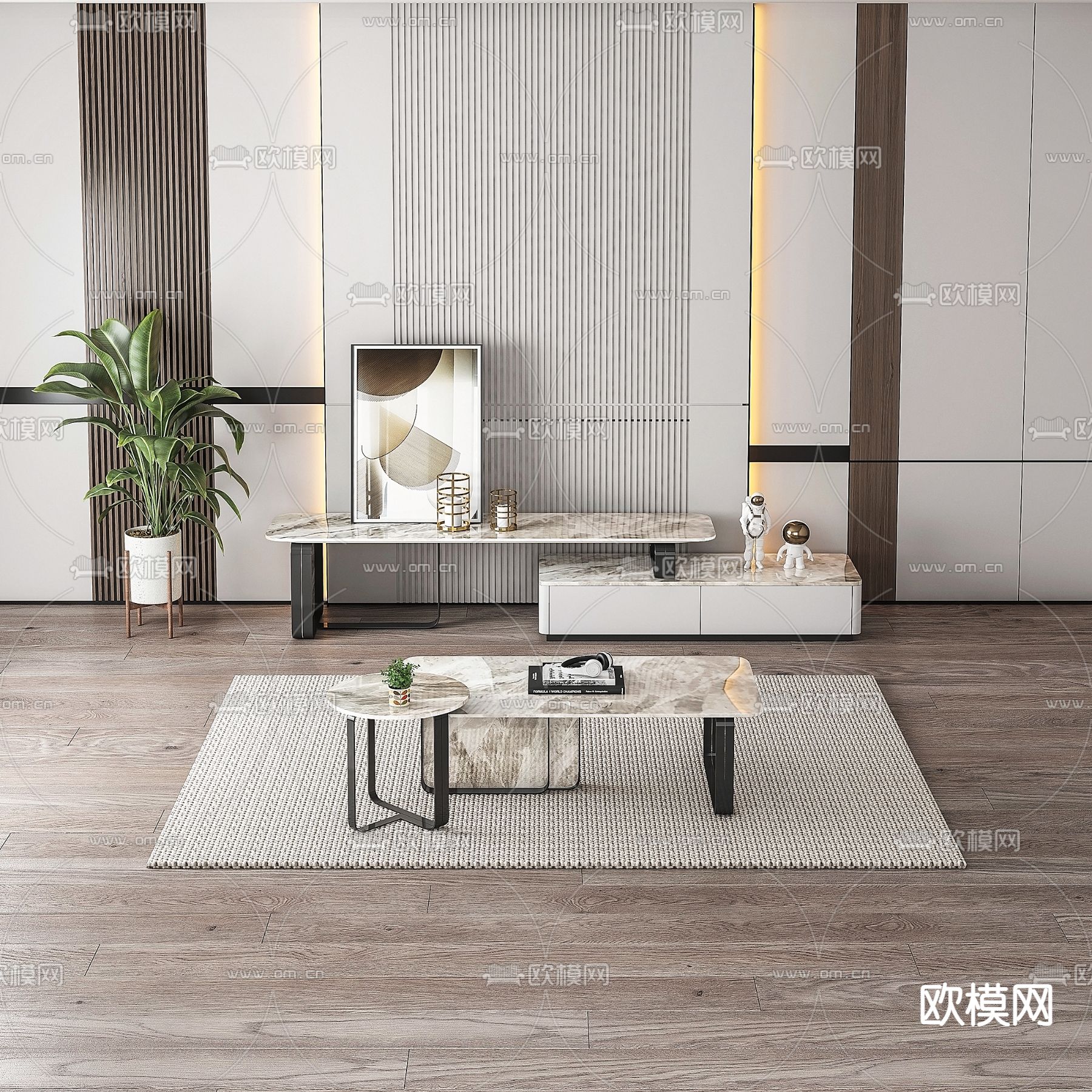 大理石茶几 电视柜3d模型下载（渲染图1）