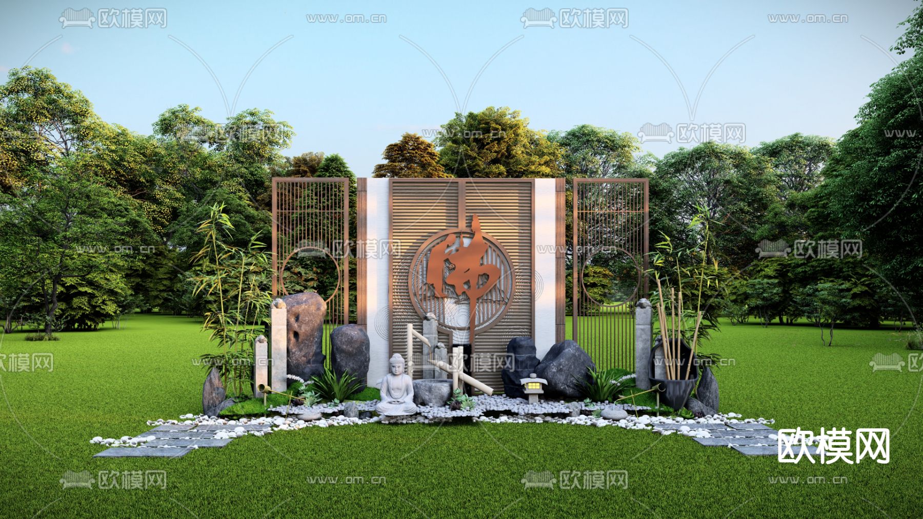 禅意雕塑小品 景墙su模型下载（渲染图1）