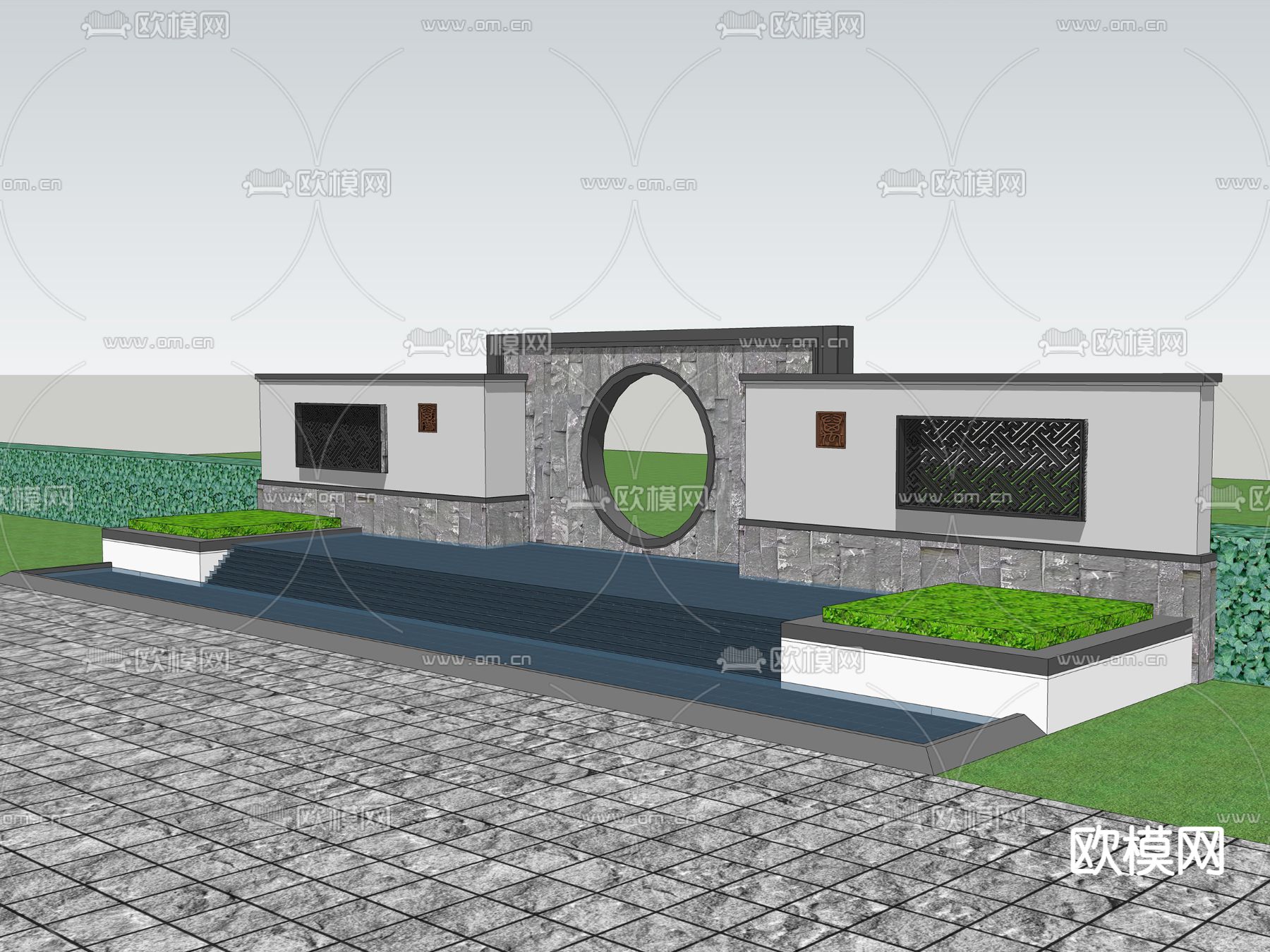 新中式叠墅水景su模型下载（渲染图2）