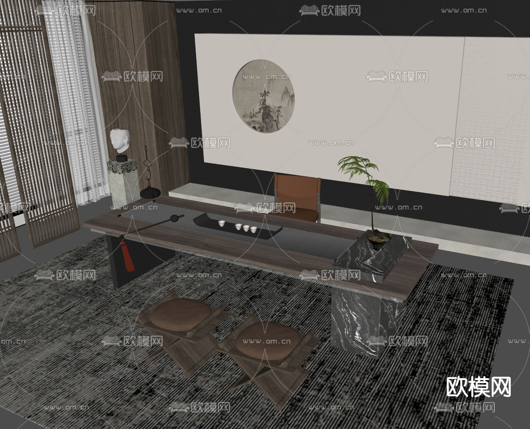 现代茶桌 茶台su模型下载（渲染图2）