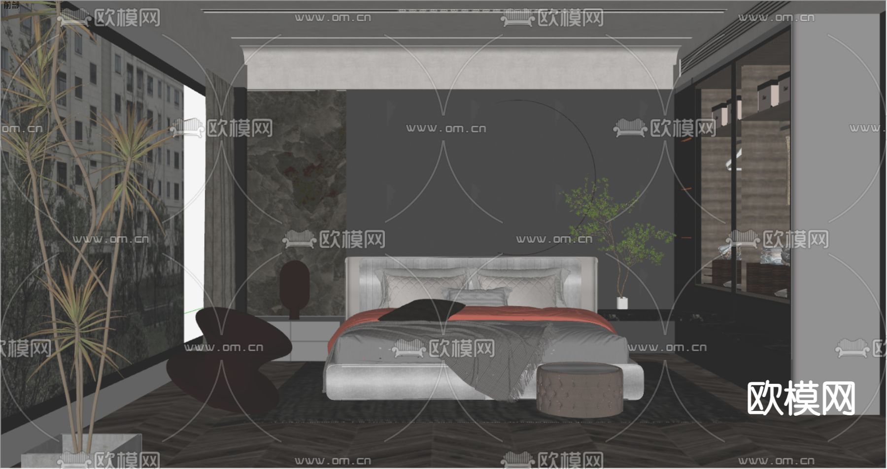 暗黑风卧室 主人房su模型下载（渲染图2）