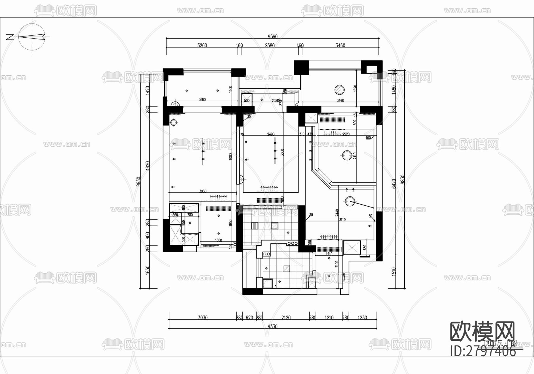 90㎡家装两居室平层室内cad施工图下载（渲染图3）