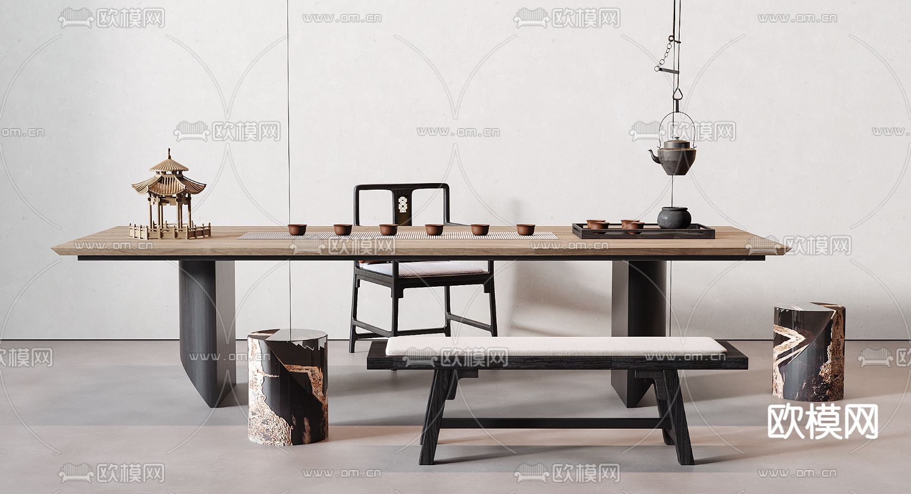新中式茶桌椅su模型下载（渲染图1）