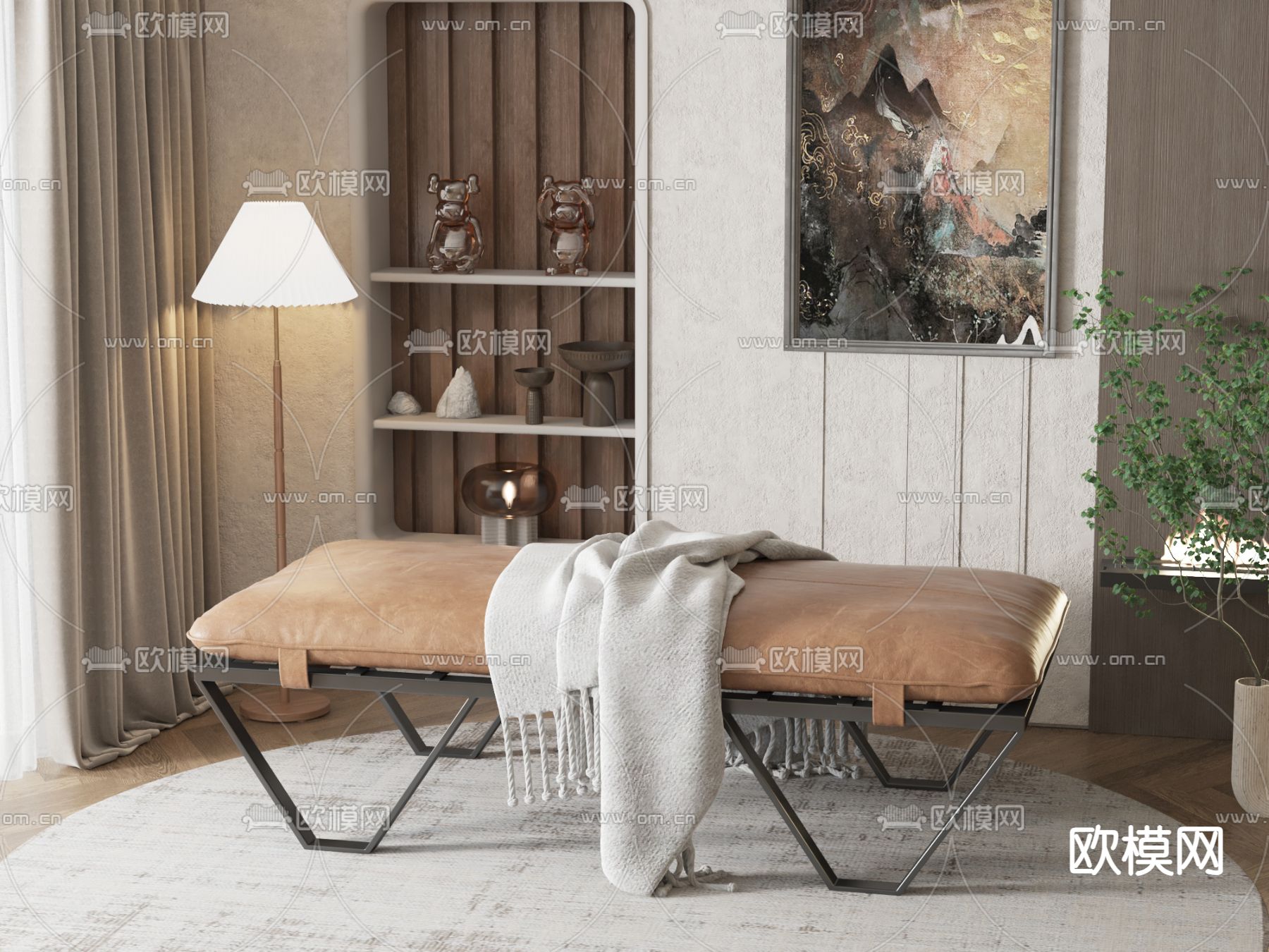 美式沙发凳su模型下载（渲染图1）