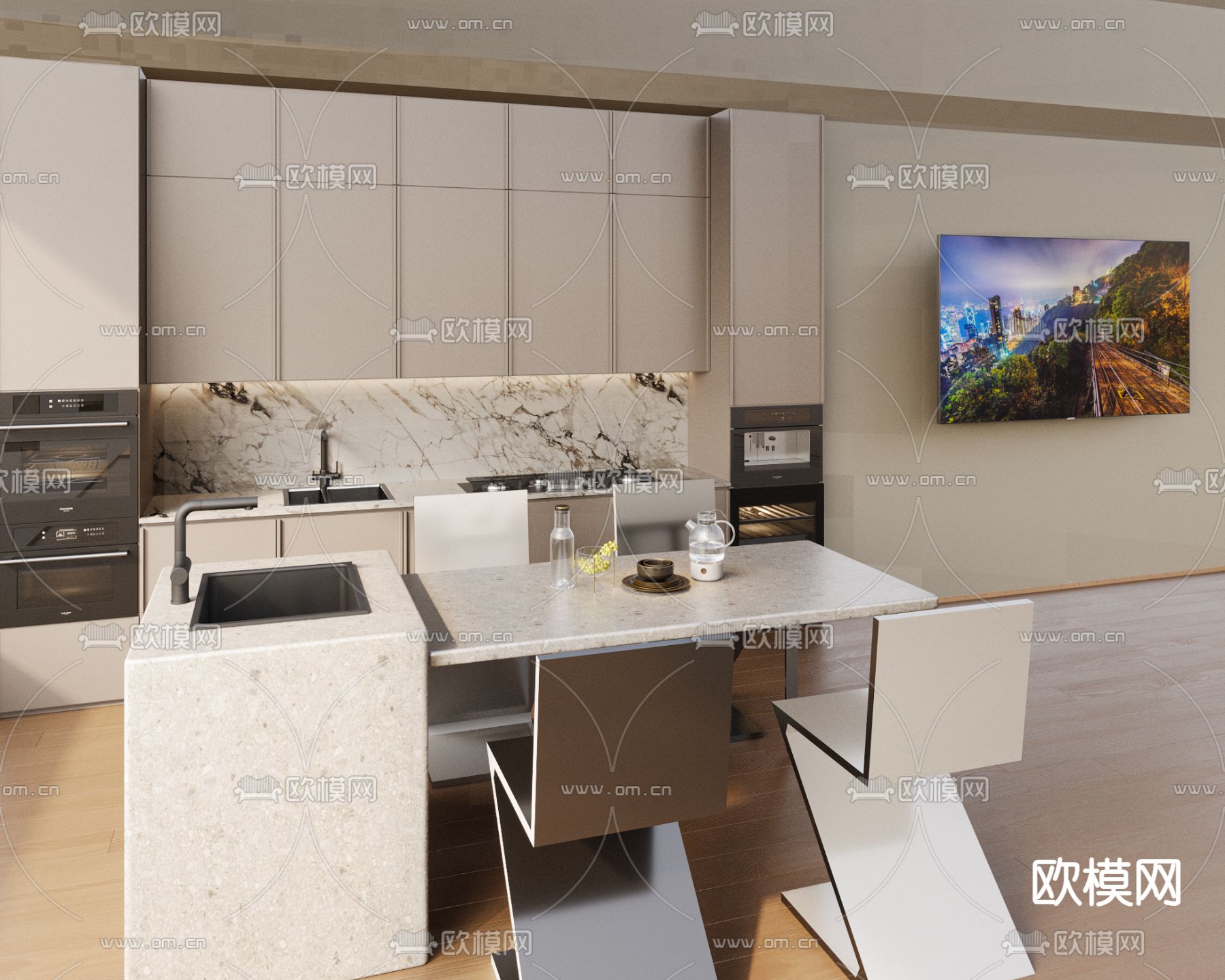 现代岛台 橱柜su模型下载（渲染图1）