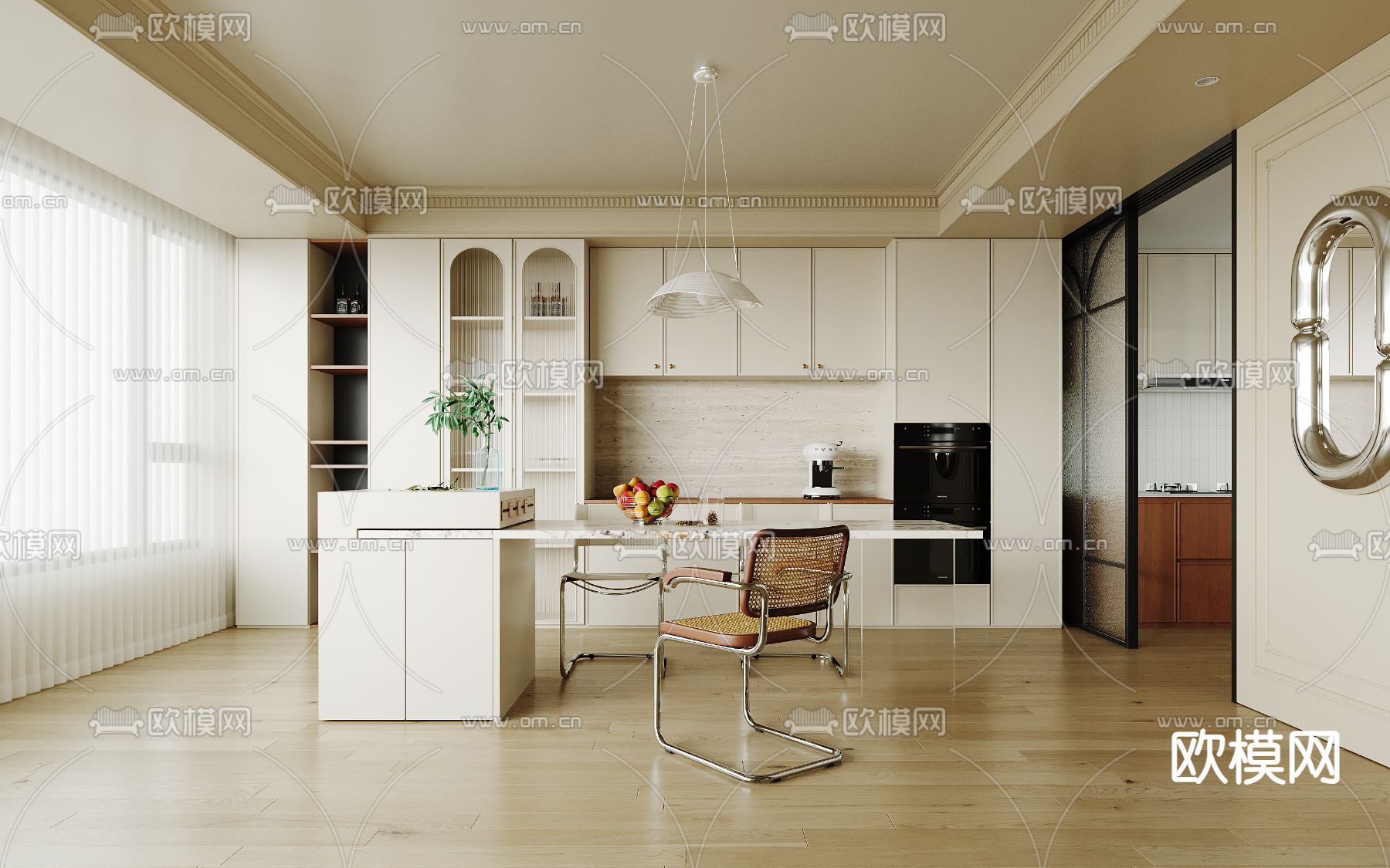 奶油风餐厅su模型下载（渲染图1）