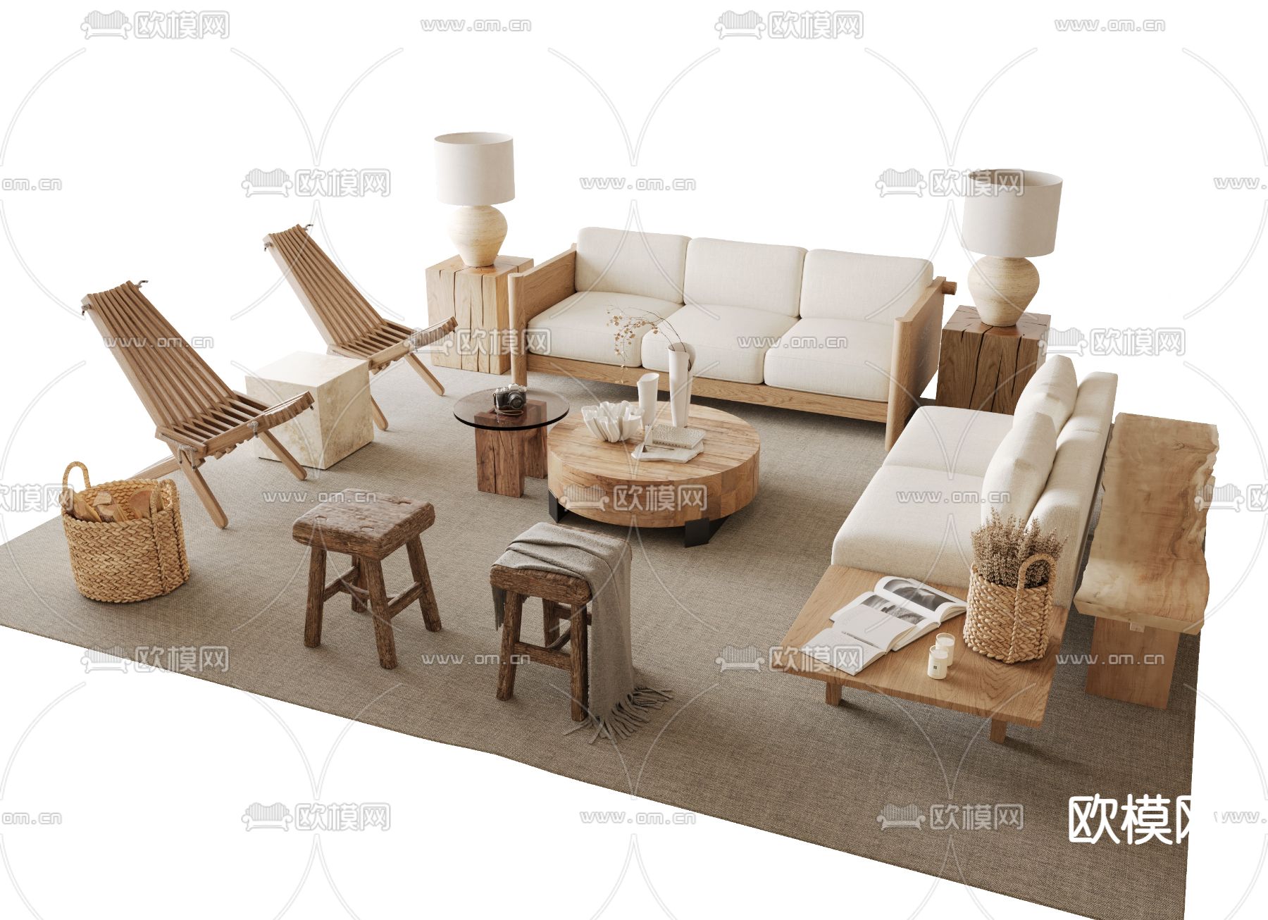 侘寂风组合沙发su模型下载（渲染图1）