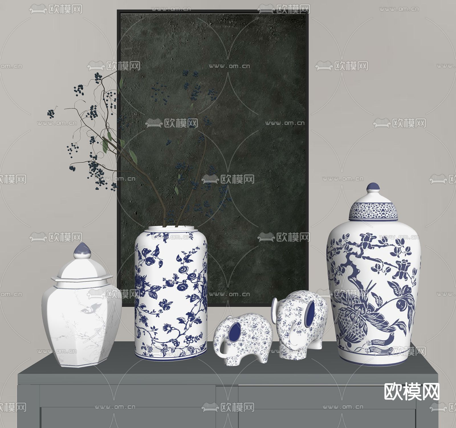 新中式青花瓷 陶瓷器皿su模型下载（渲染图1）