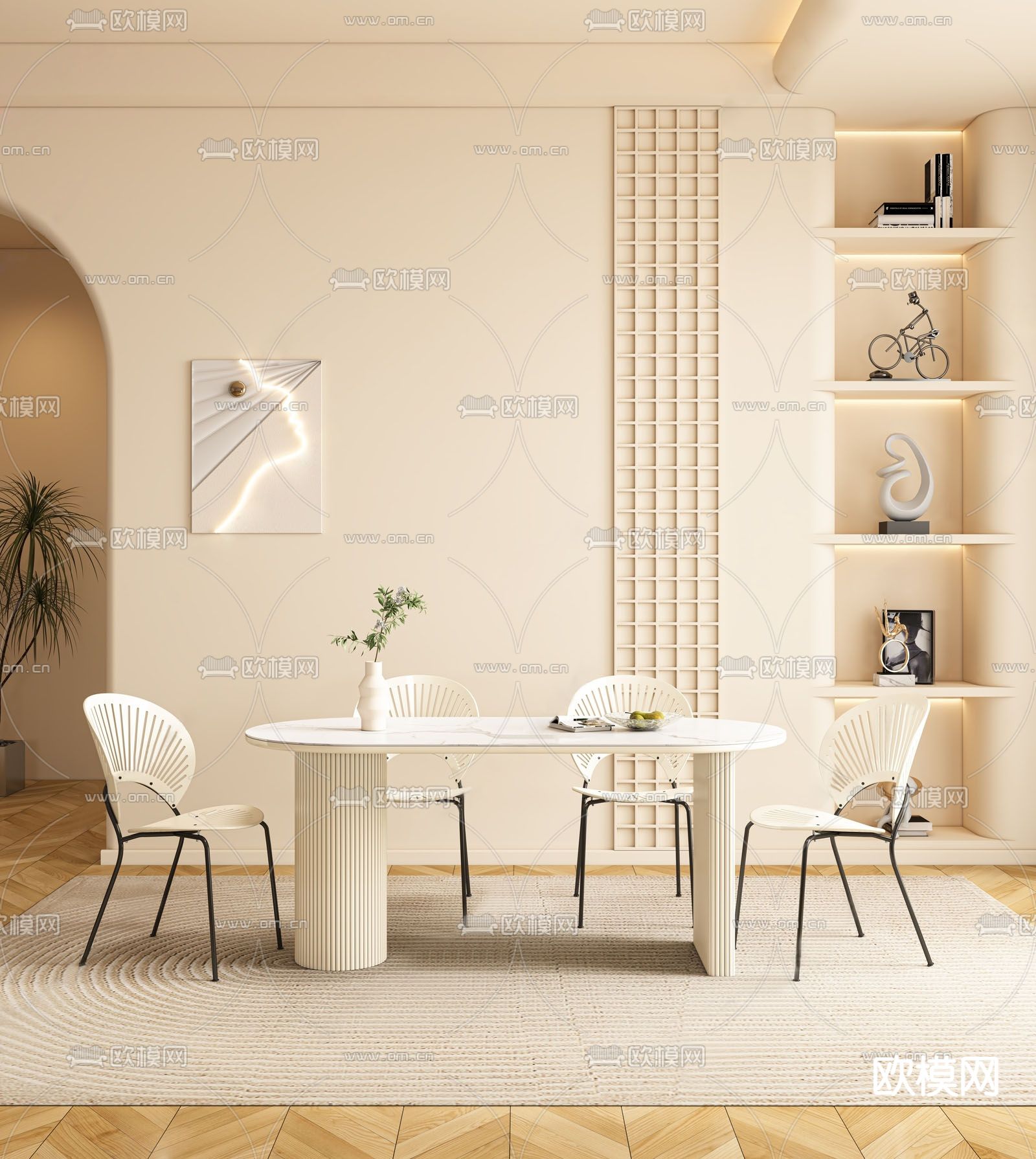 奶油风餐桌椅3d模型下载
