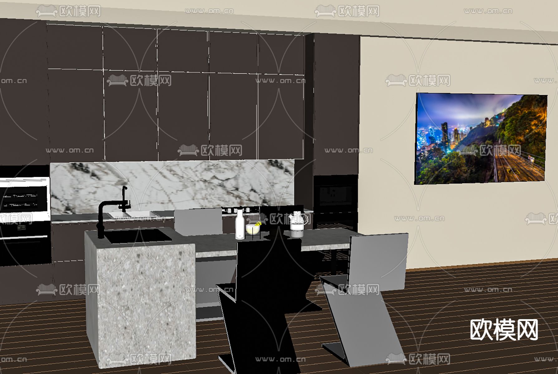 现代岛台 橱柜su模型下载（渲染图2）