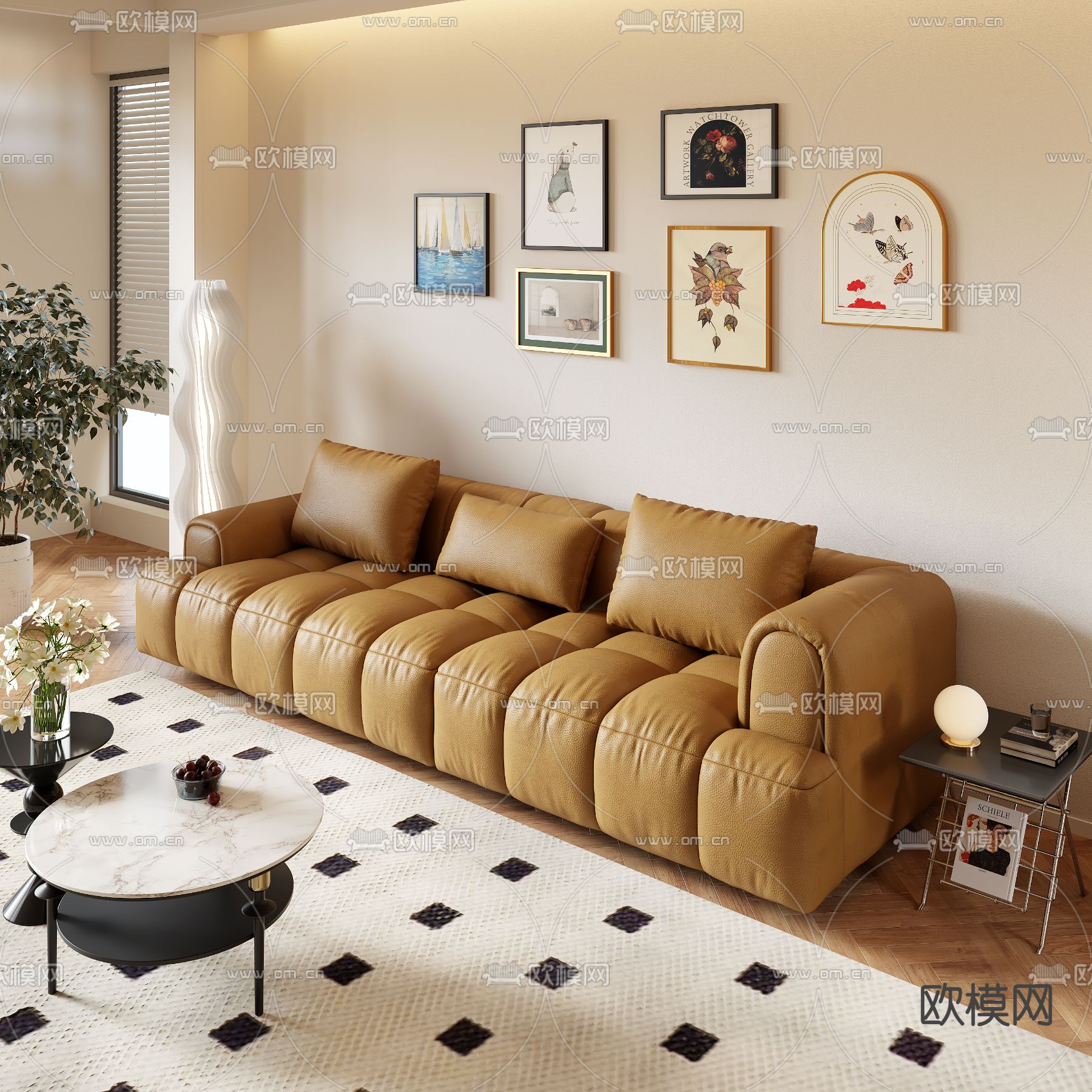 奶油风沙发 皮革沙发3d模型下载（渲染图1）