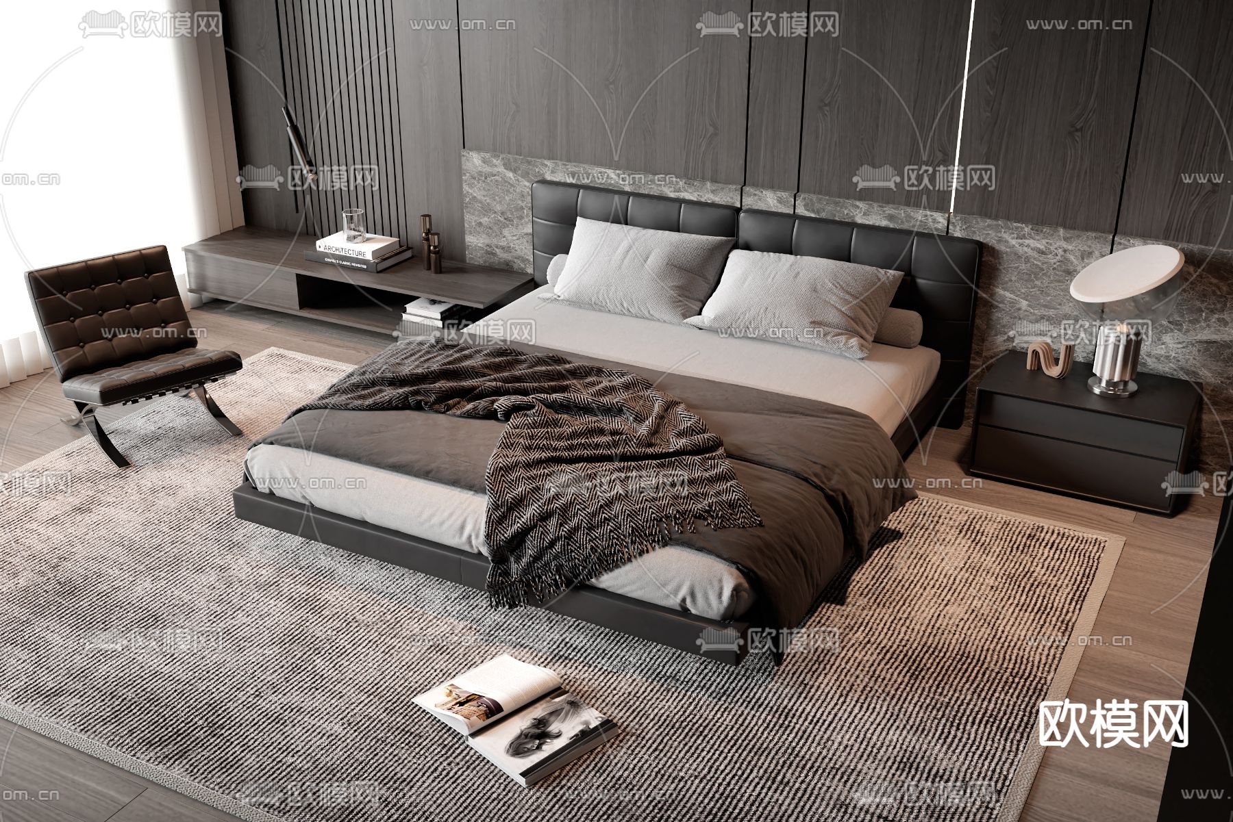 现代双人床su模型下载（渲染图1）