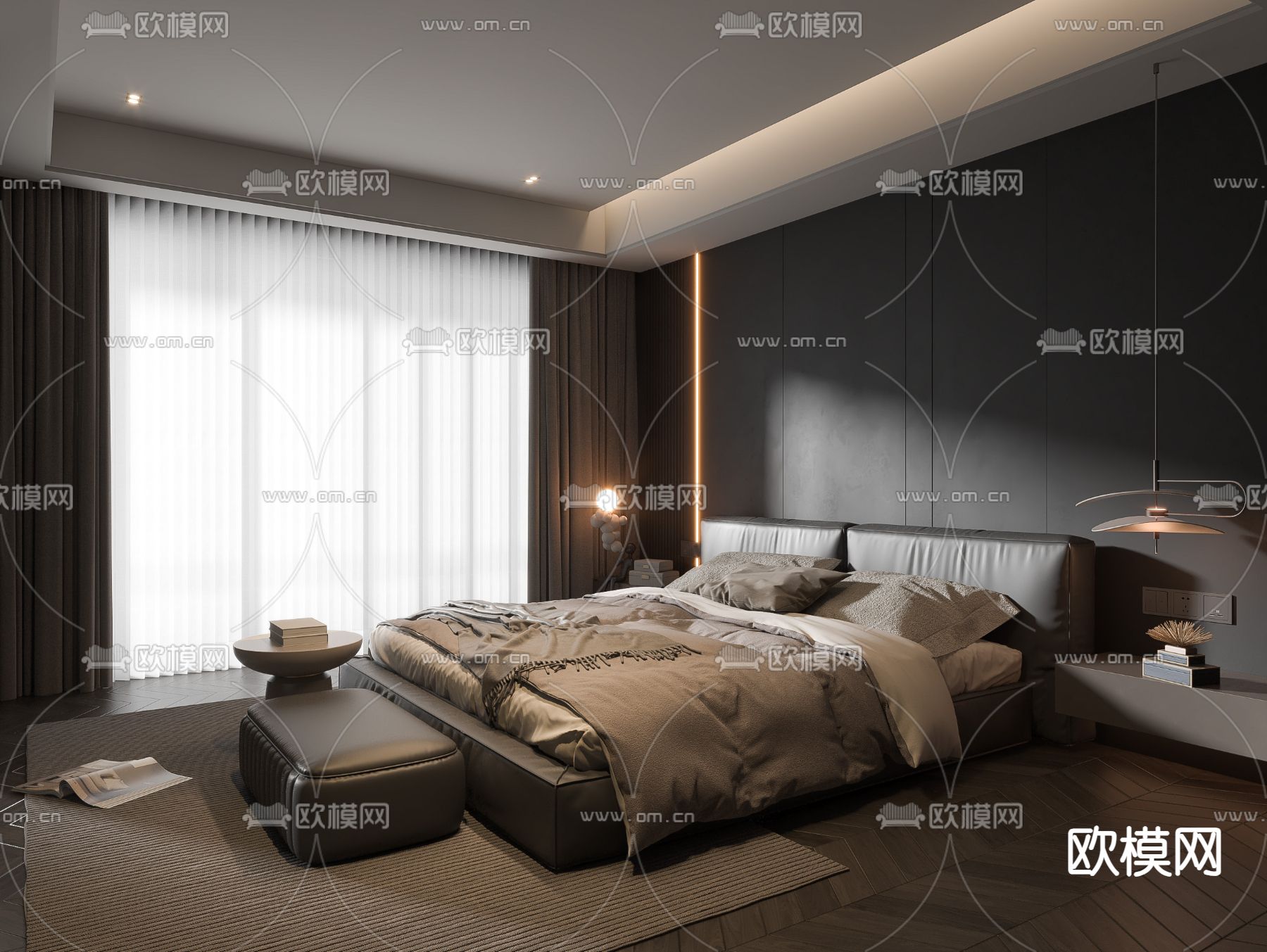暗黑风卧室 主卧3d模型下载（渲染图1）