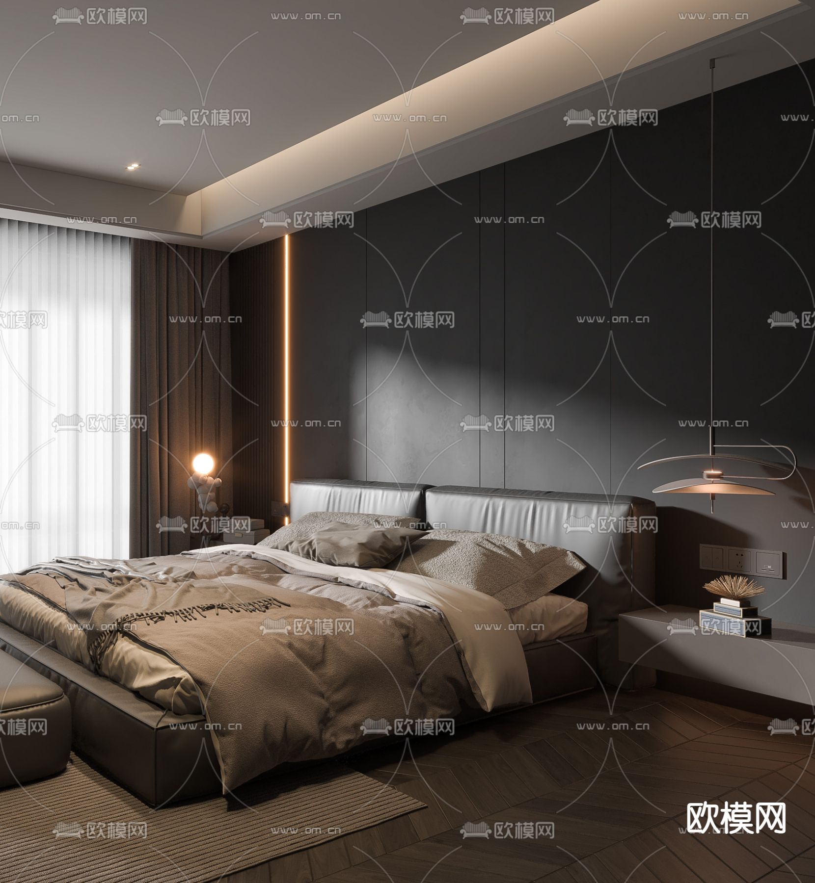暗黑风卧室 主卧3d模型下载（渲染图2）