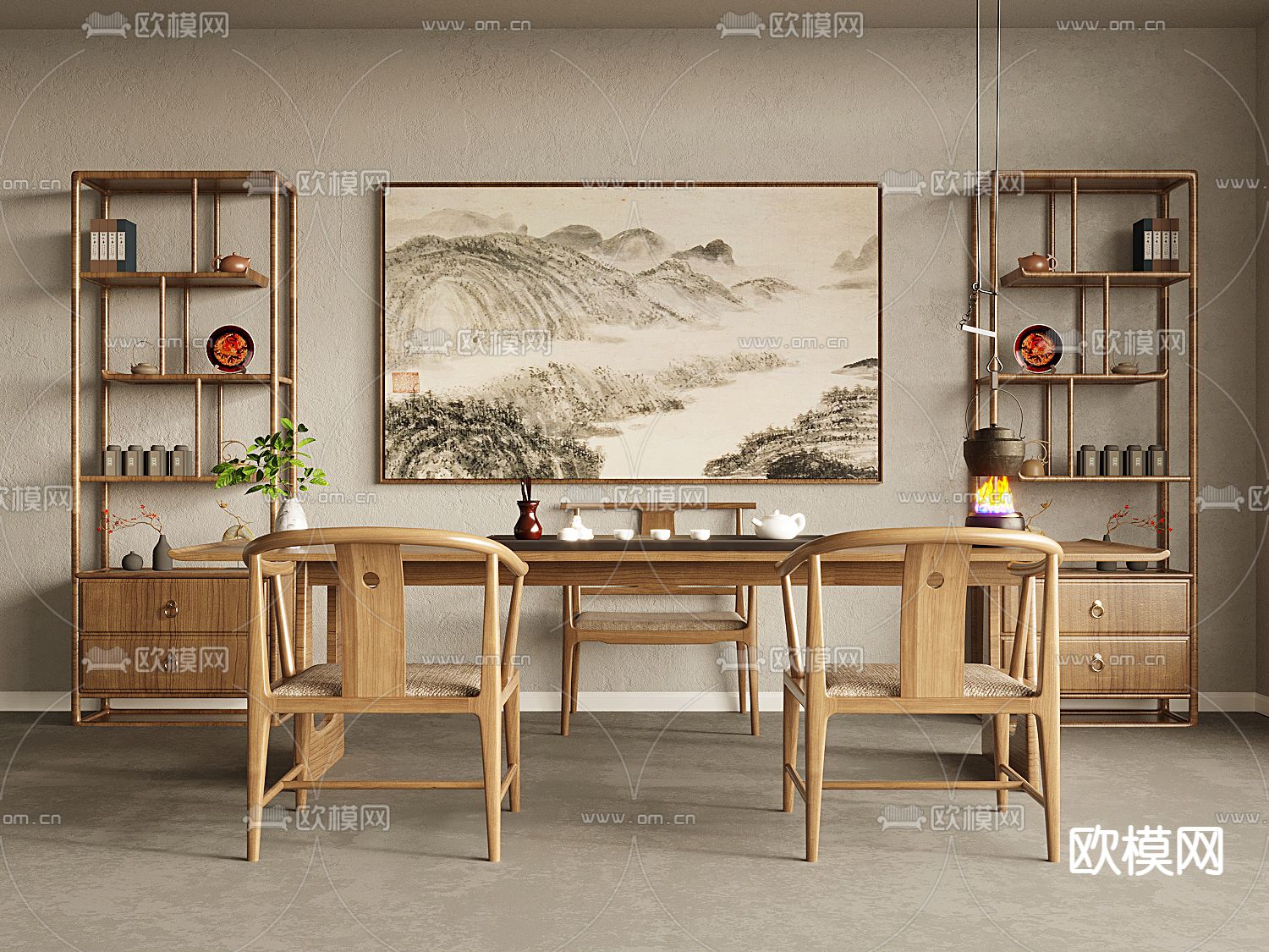 新中式茶桌 茶台 博古架3d模型下载