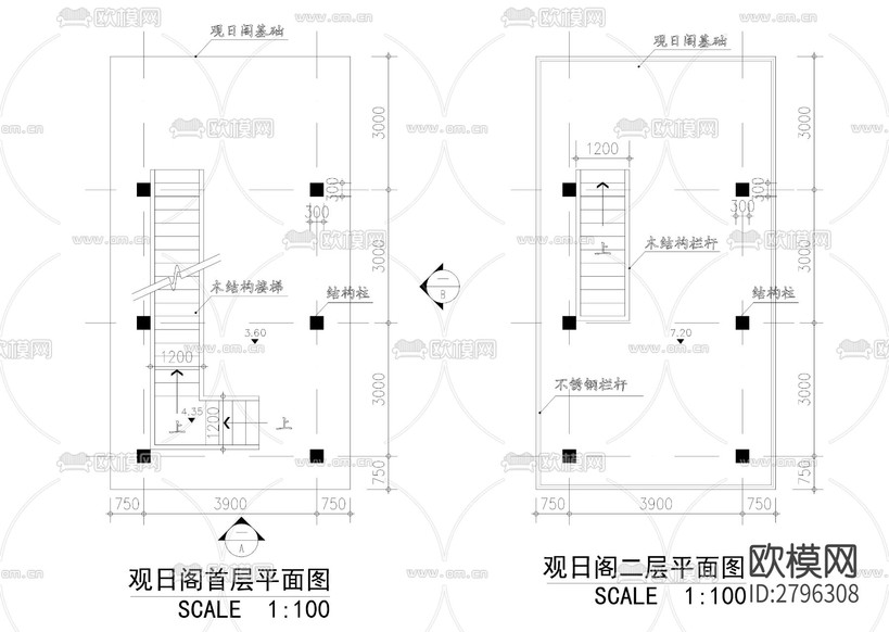 二層觀日閣cad施工圖下載(渲染圖3)
