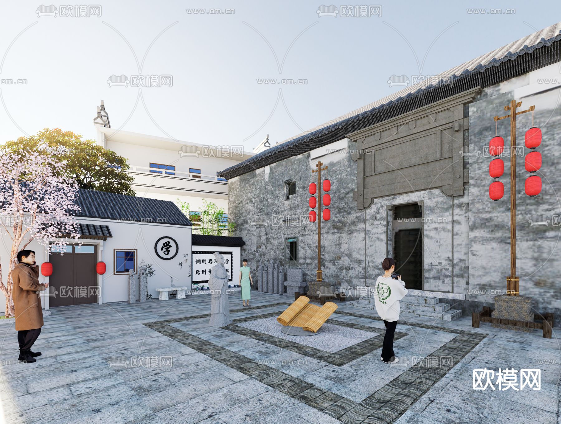 中式广场景观su模型下载（渲染图1）