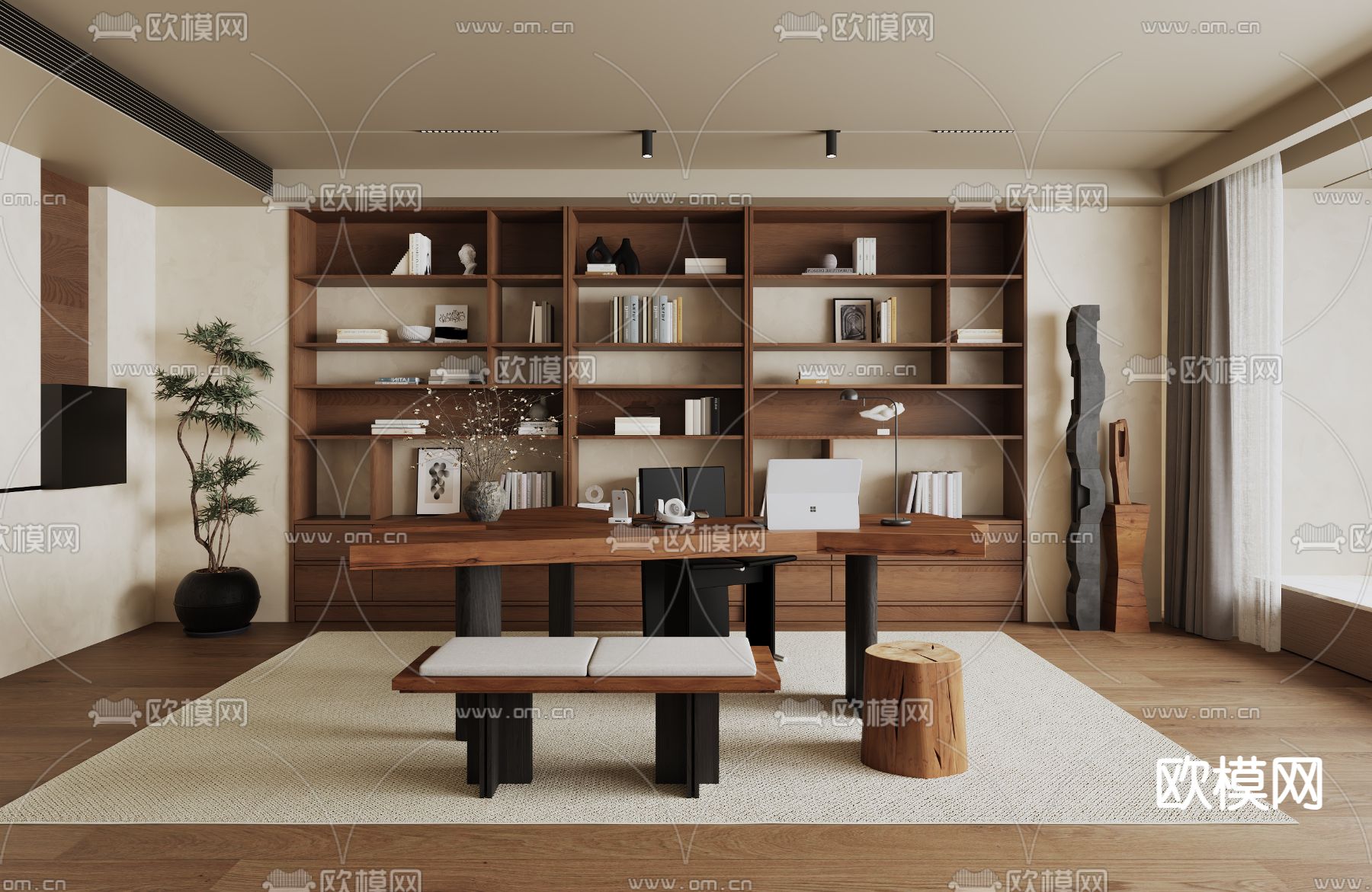 中古风书房su模型下载（渲染图1）