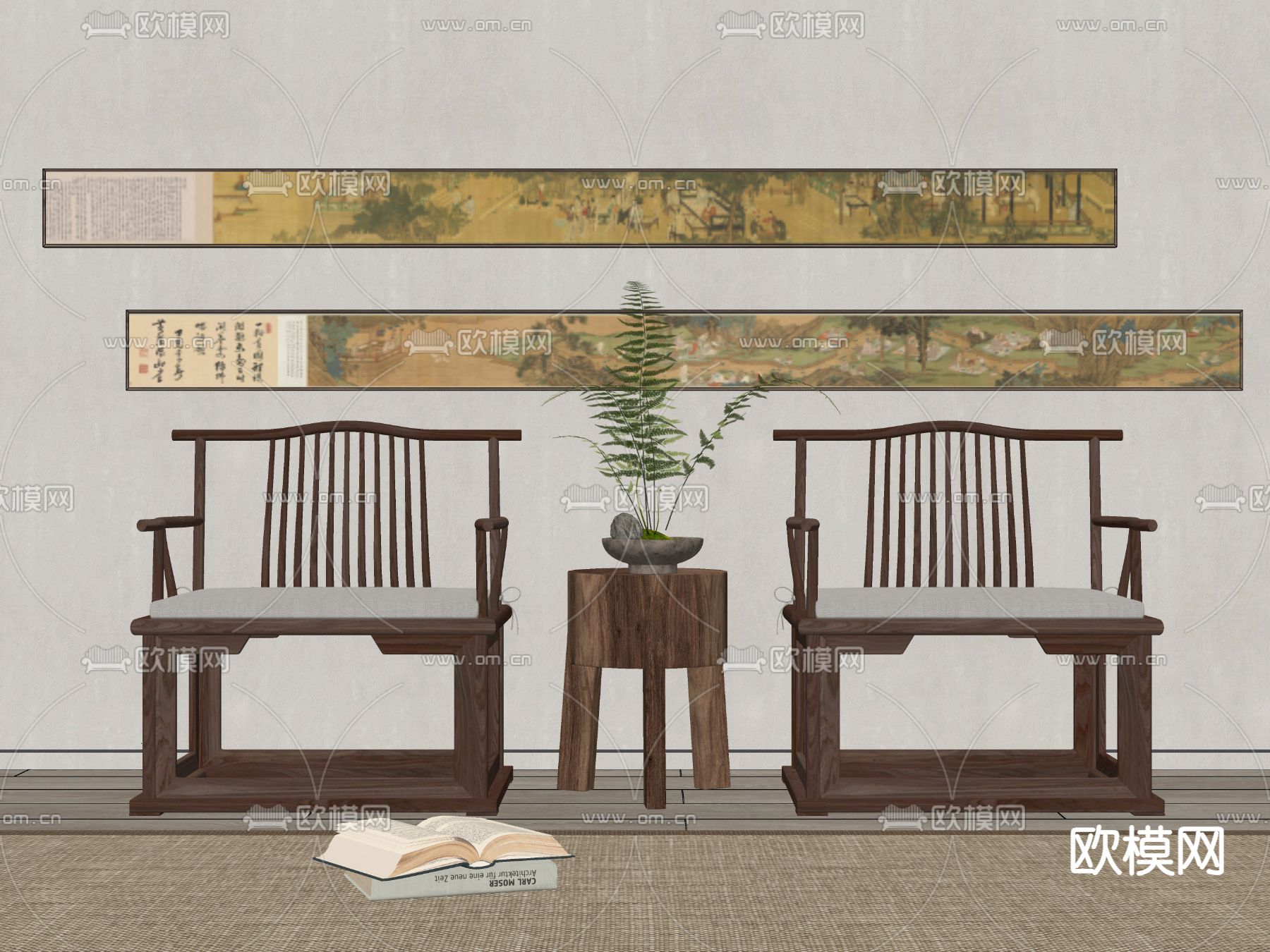 新中式休闲椅 边几  装饰画su模型下载（渲染图2）