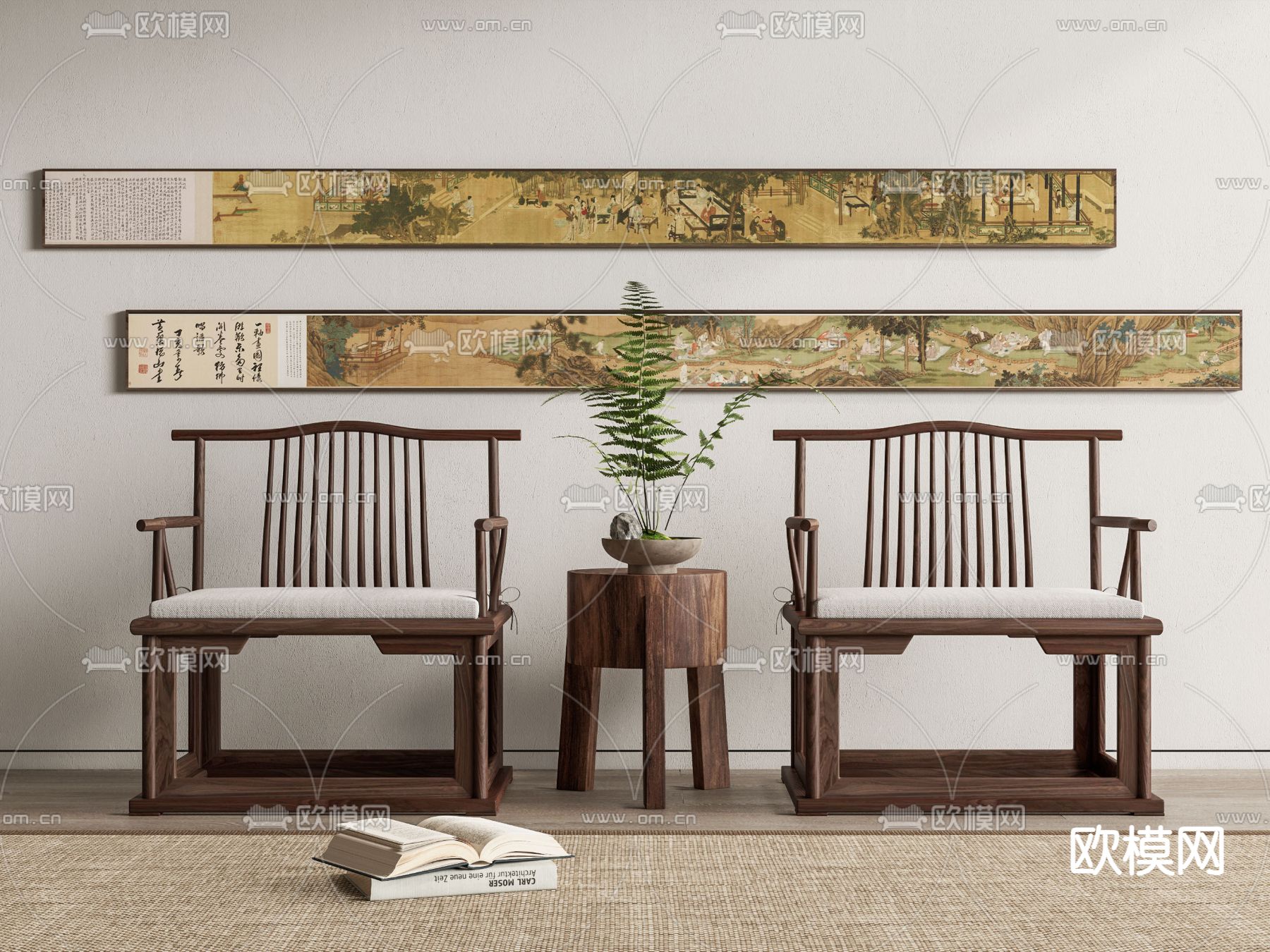 新中式休闲椅 边几  装饰画su模型下载（渲染图1）