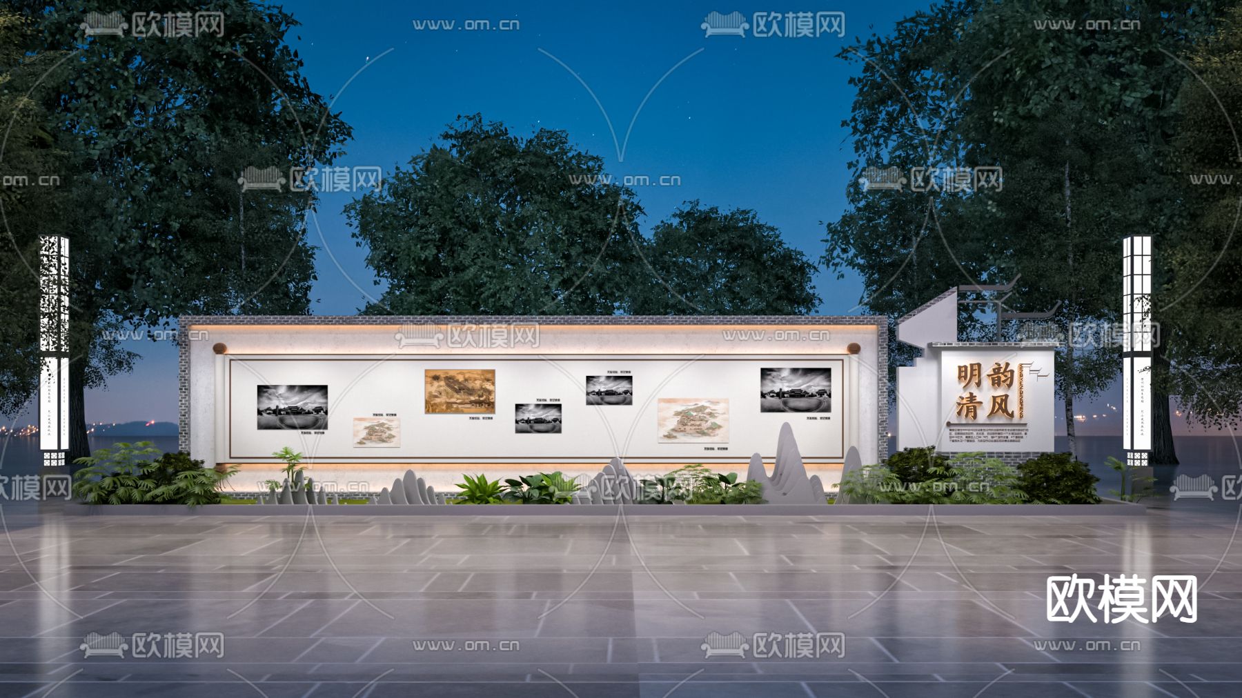 中式文化墙su模型下载（渲染图1）