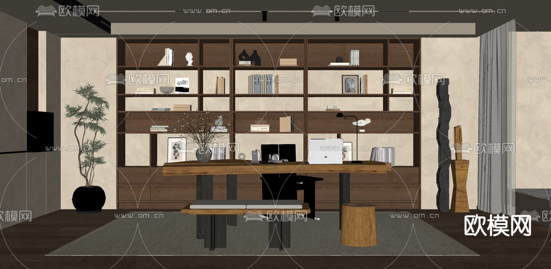 中古风书房su模型下载（渲染图2）