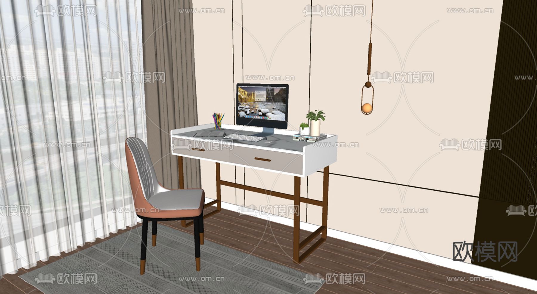 现代梳妆台su模型下载（渲染图2）