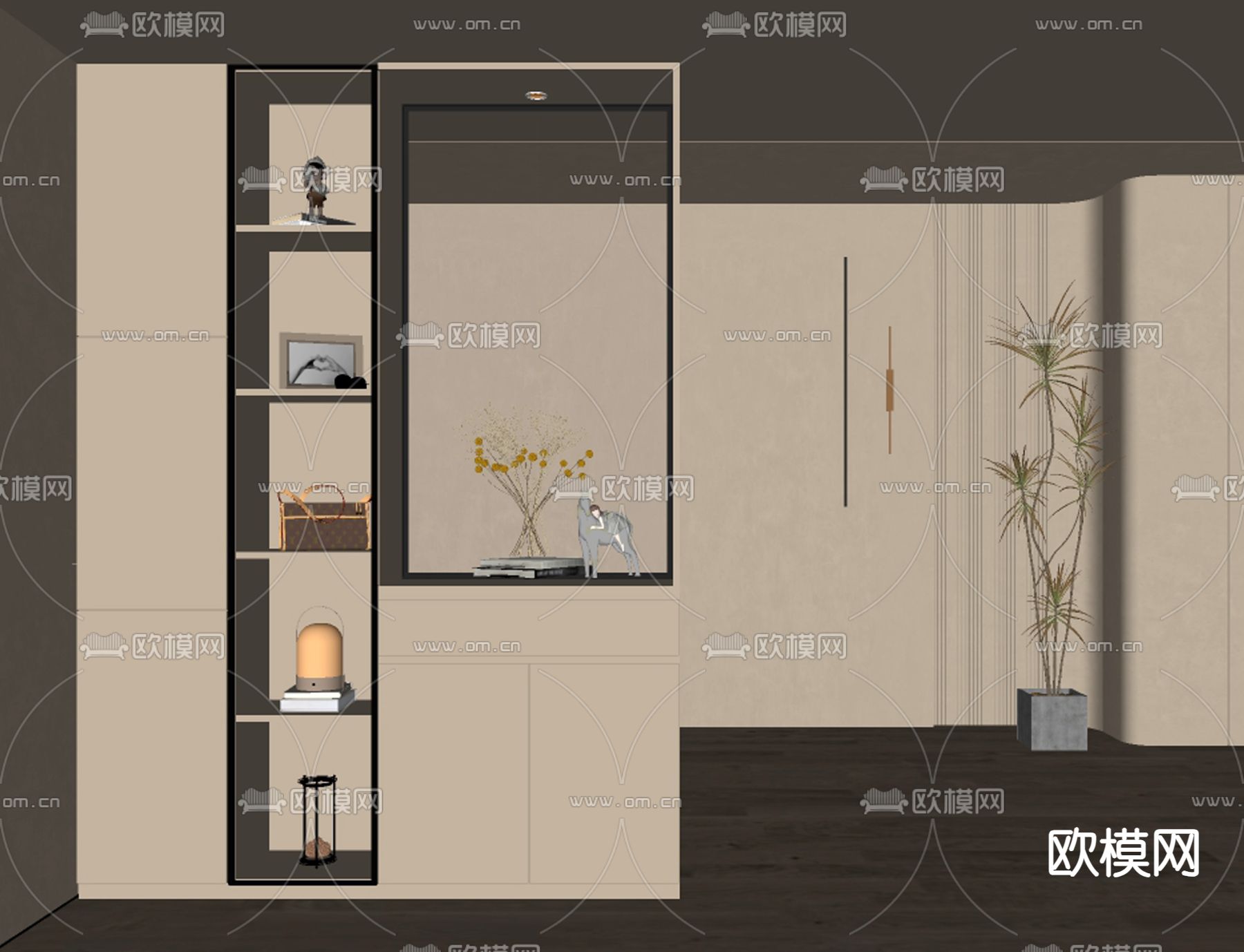 奶油风鞋柜隔断su模型下载（渲染图2）