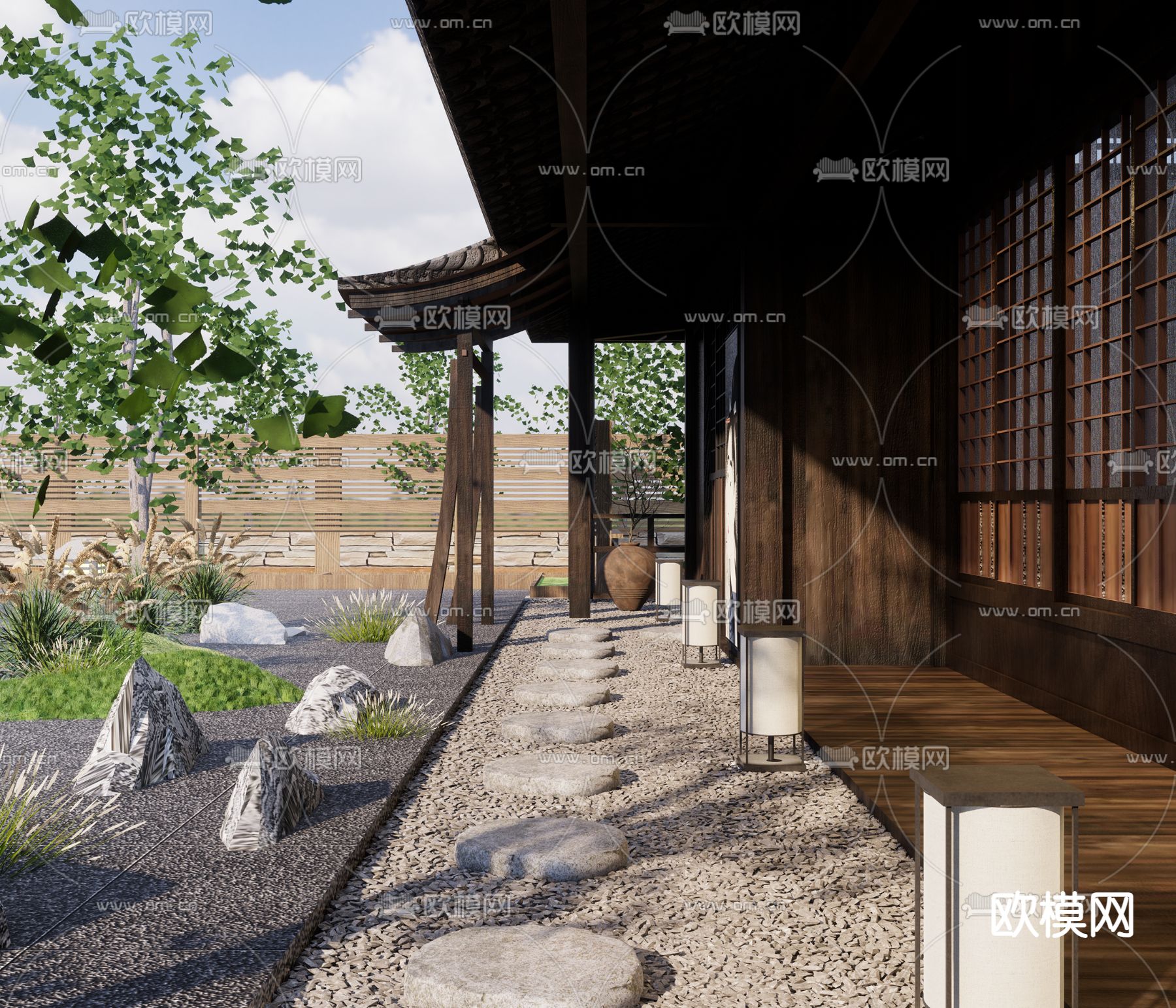 中式老宅庭院su模型下载（渲染图1）