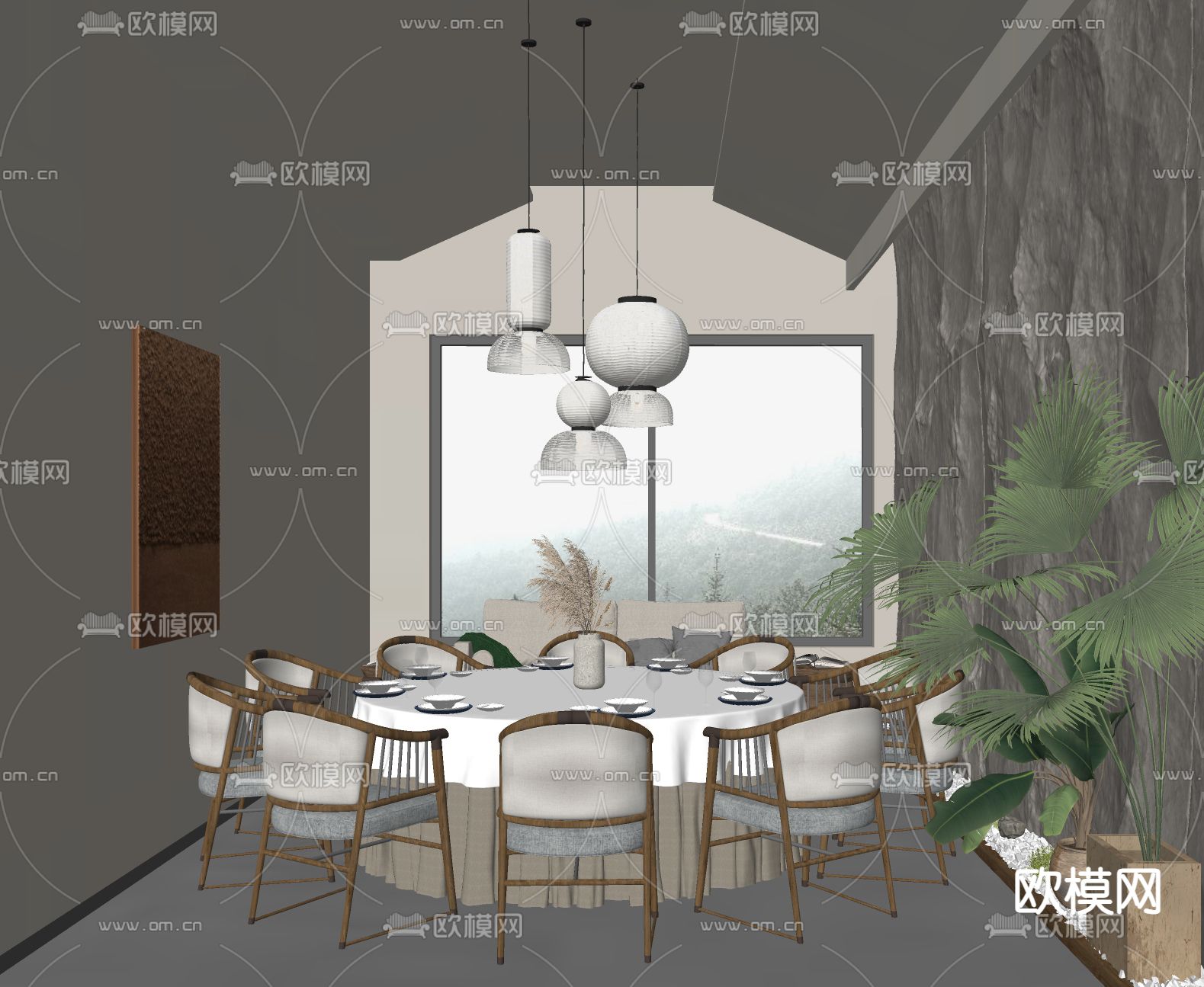 侘寂餐厅包厢su模型