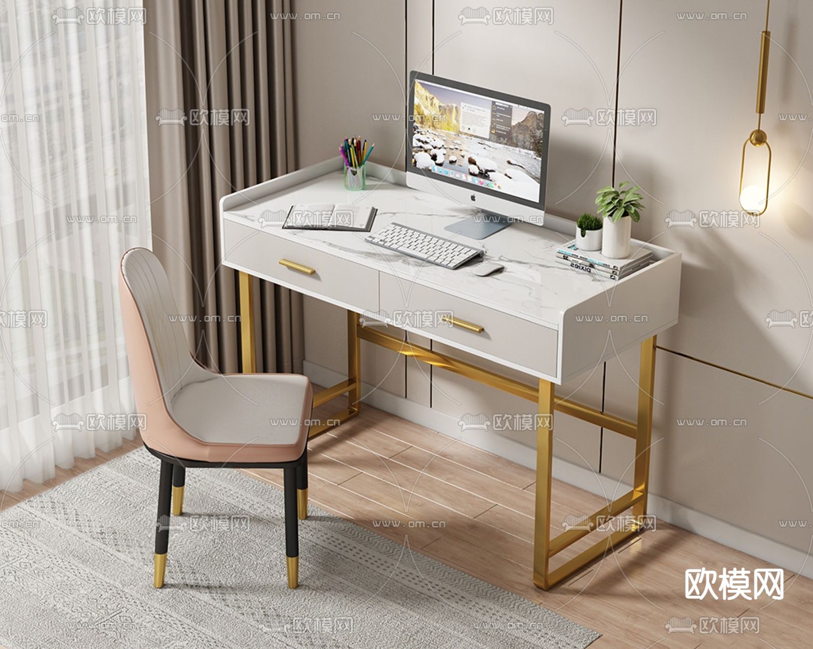 现代梳妆台su模型下载（渲染图1）