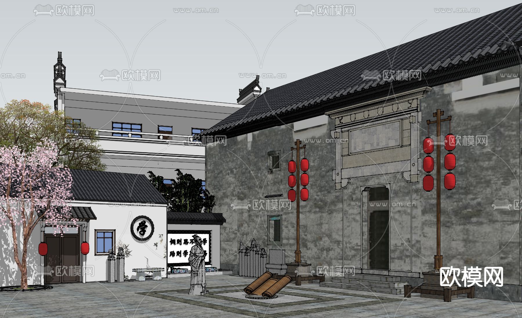 中式广场景观su模型下载（渲染图2）