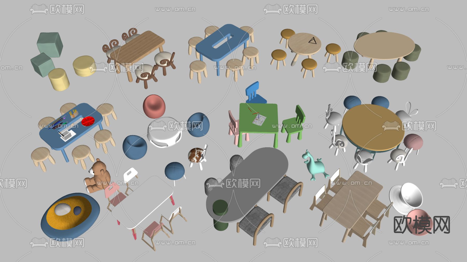 现代儿童桌椅su模型下载（渲染图2）