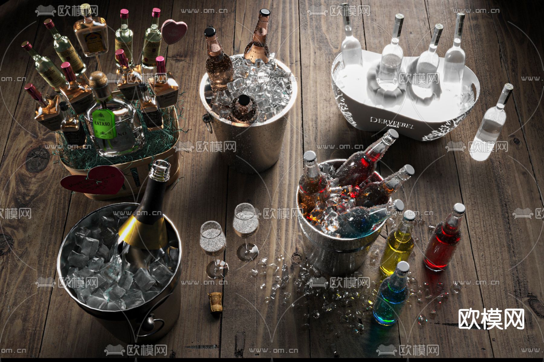 洋酒 红酒 酒瓶 高脚杯 冰桶3d模型下载