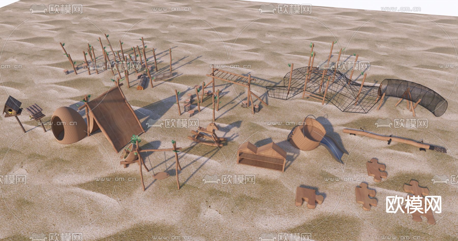 儿童器材 木桶滑梯 木桩su模型