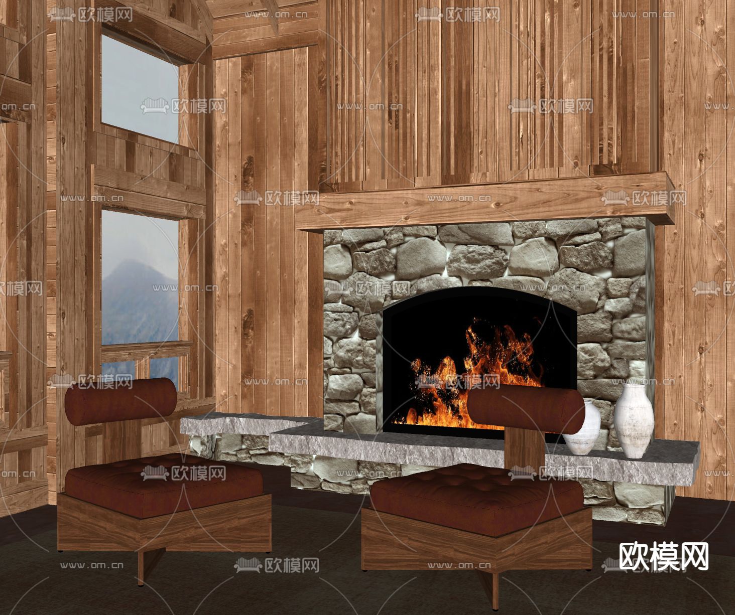 侘寂风休闲椅 壁炉su模型下载（渲染图2）