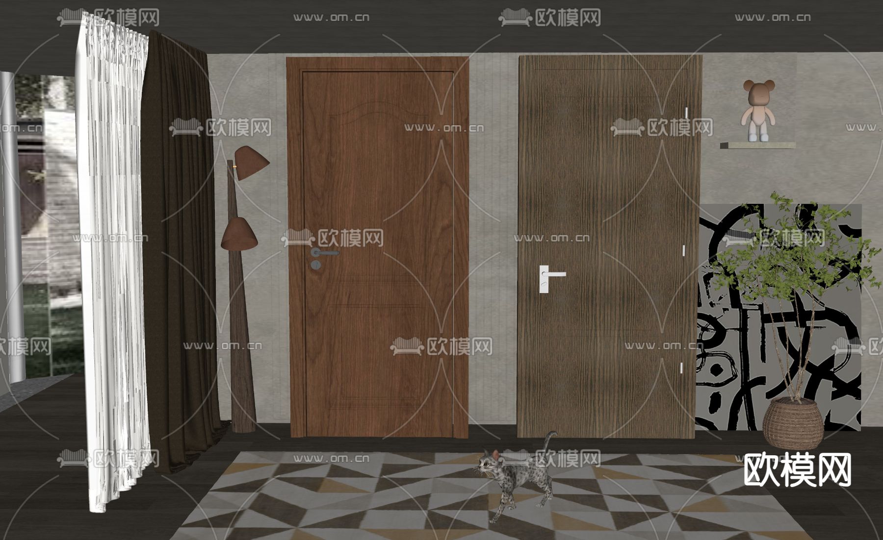 美式单开门su模型下载（渲染图2）
